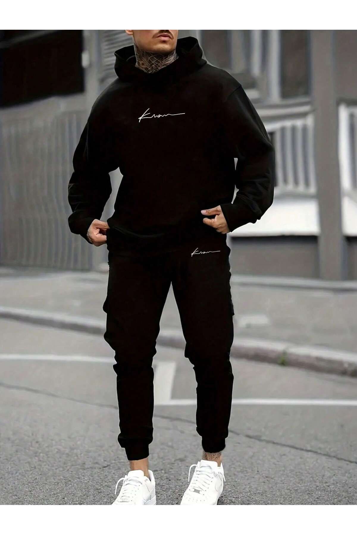FoxSkin Sportswear&Company K Yazı Sweatshirt Eşofman Altı Jogger - Siyah Baskılı Alt Üst Eşofman Takımı Kapüşonlu