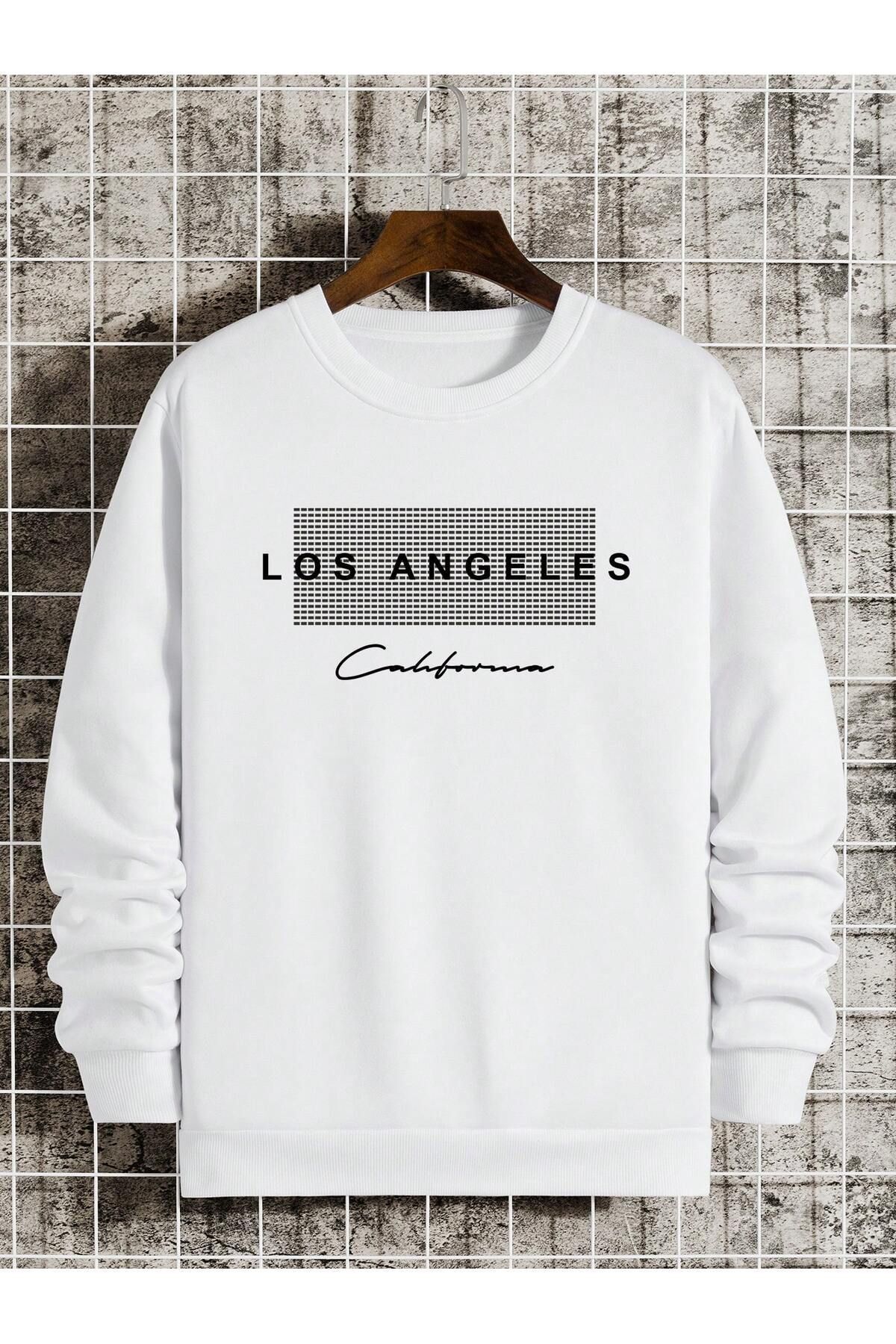 FoxSkin Sportswear&Company Los Angeles Nokta Kalın Kışlık Sweatshirt - Beyaz Baskılı Oversize Şardonlu Bisiklet Yaka