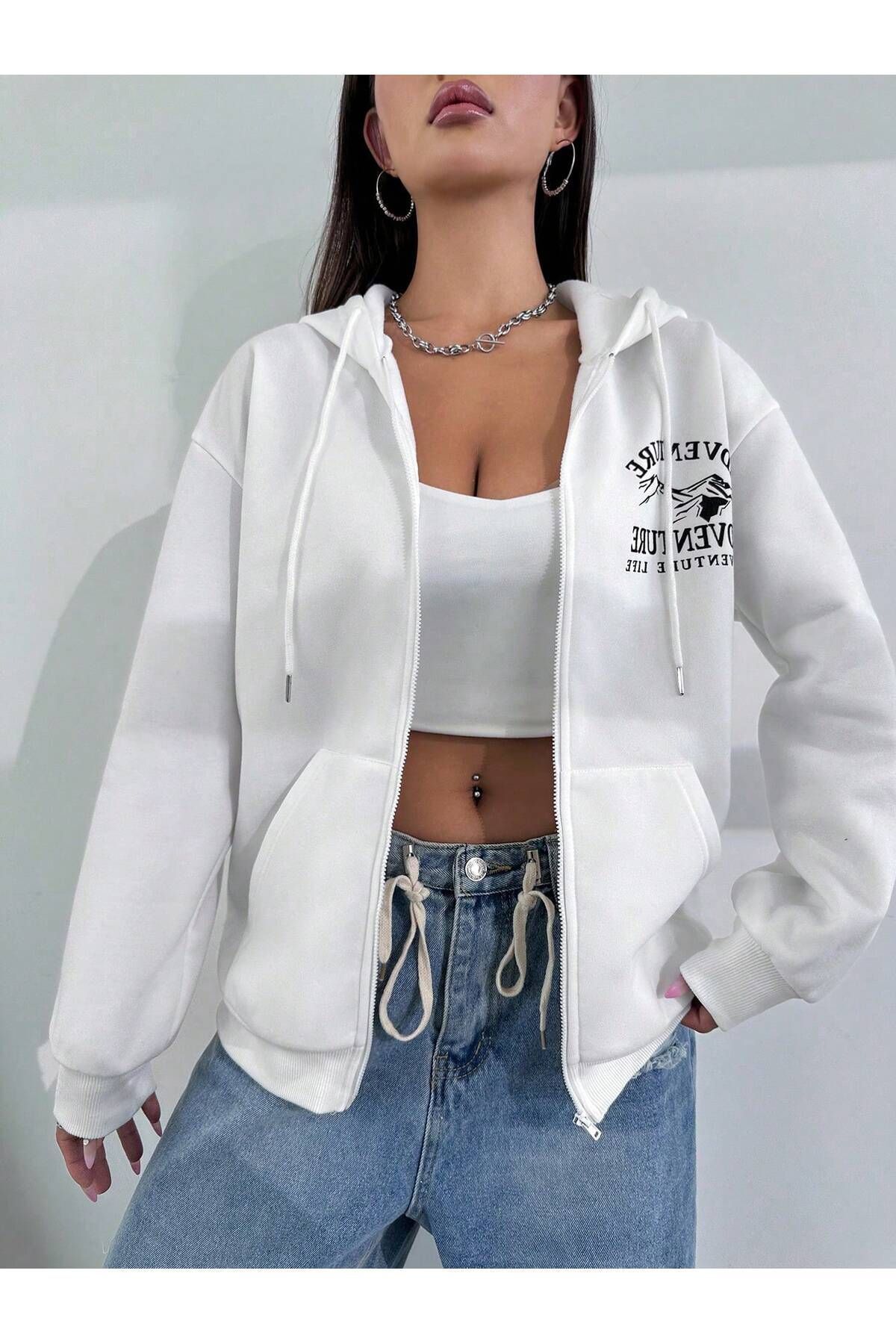 FoxSkin Sportswear&Company Adventure Fermuarlı Kışlık Hırka - Beyaz Baskılı Oversize Şardonlu Kapüşonlu