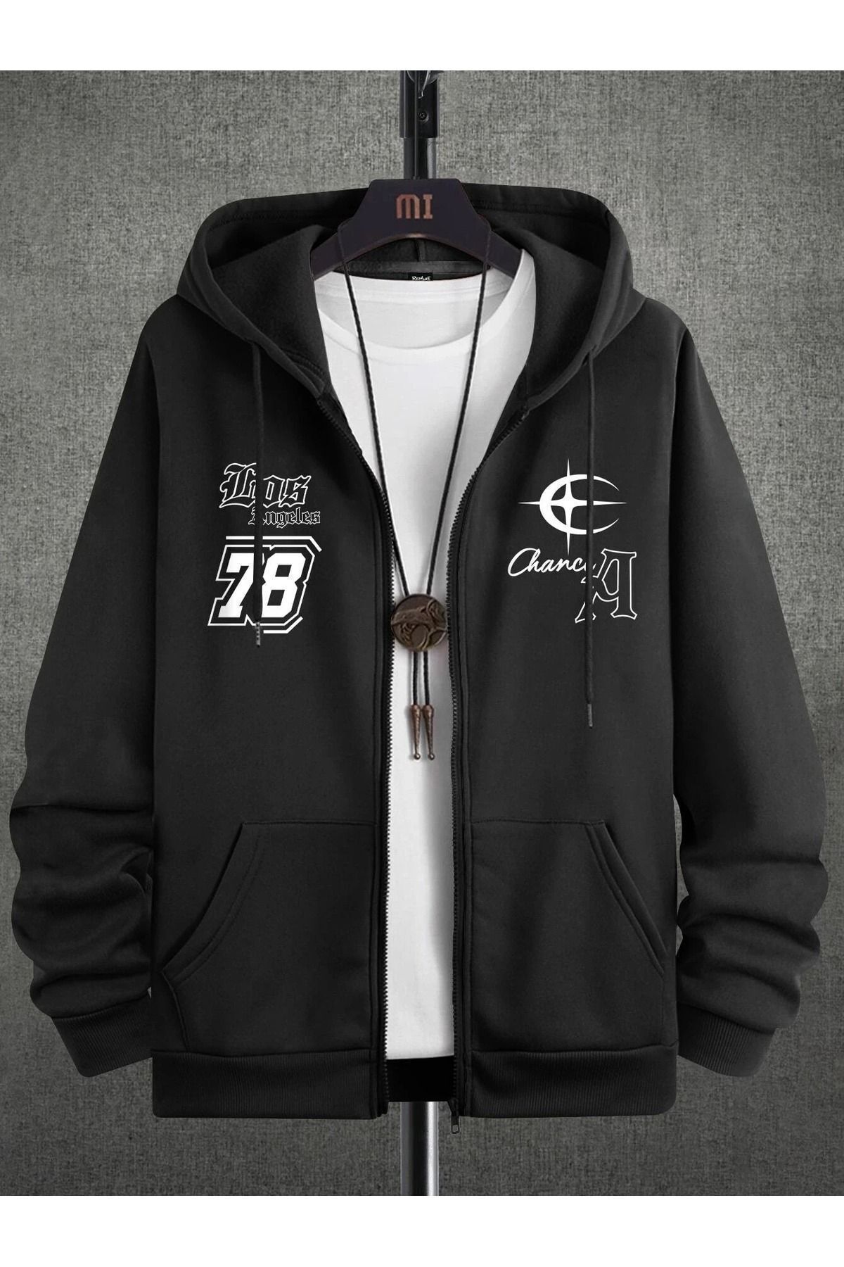 FoxSkin Sportswear&Company Los Angeles 78 A Fermuarlı Kışlık Hırka - Siyah Baskılı Oversize Şardonlu Kapüşonlu