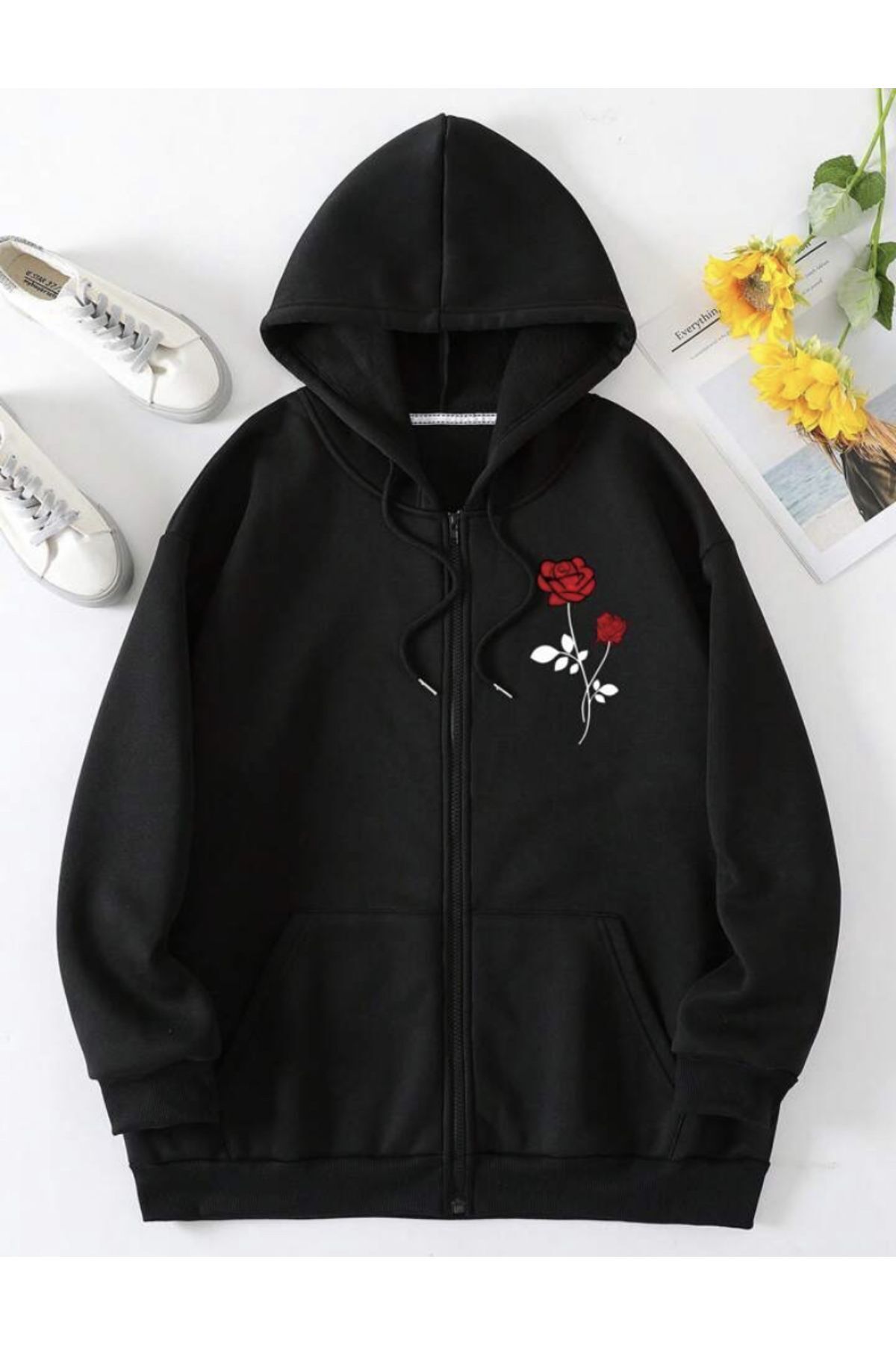 FoxSkin Sportswear&Company Unisex Rose Baskılı Fermuarlı Hırka - 2 Iplik