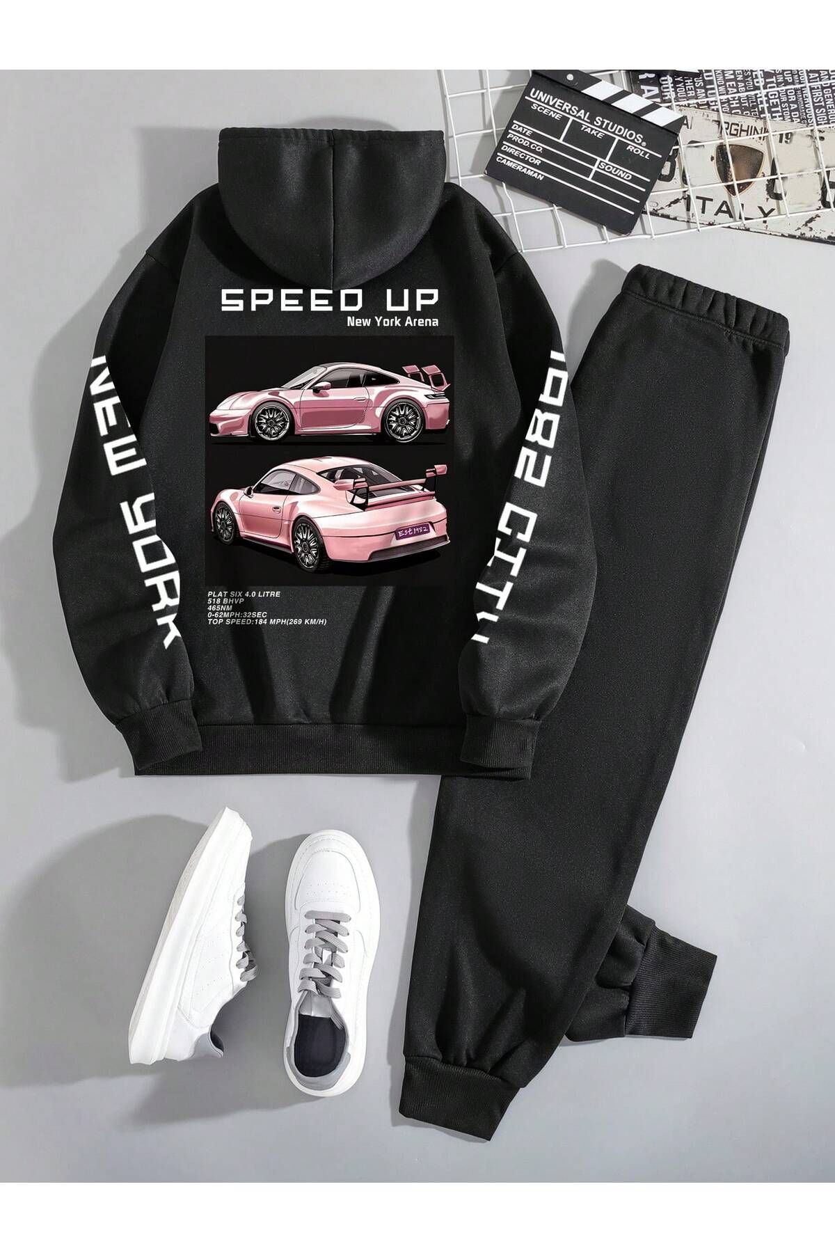FoxSkin Sportswear&Company Speed Up Sweatshirt Eşofman Altı Jogger - Siyah Baskılı Alt Üst Eşofman Takımı Kapüşonlu