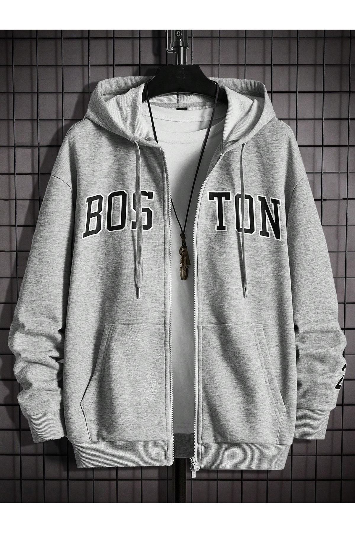 FoxSkin Sportswear&Company Boston Fermuarlı Kışlık Hırka - Gri Baskılı Oversize Şardonlu Kapüşonlu