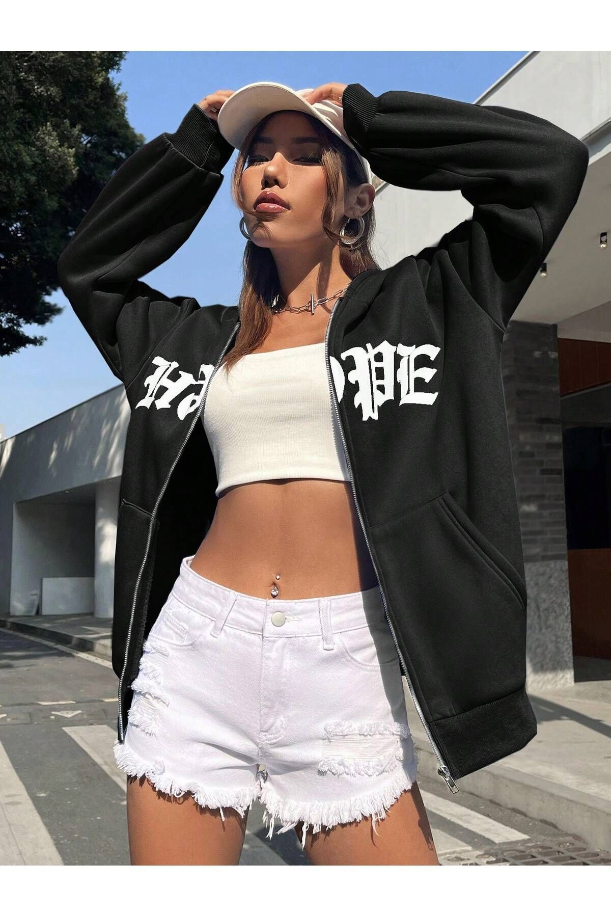 FoxSkin Sportswear&Company Nope Fermuarlı Kışlık Hırka - Siyah Baskılı Oversize Şardonlu Kapüşonlu