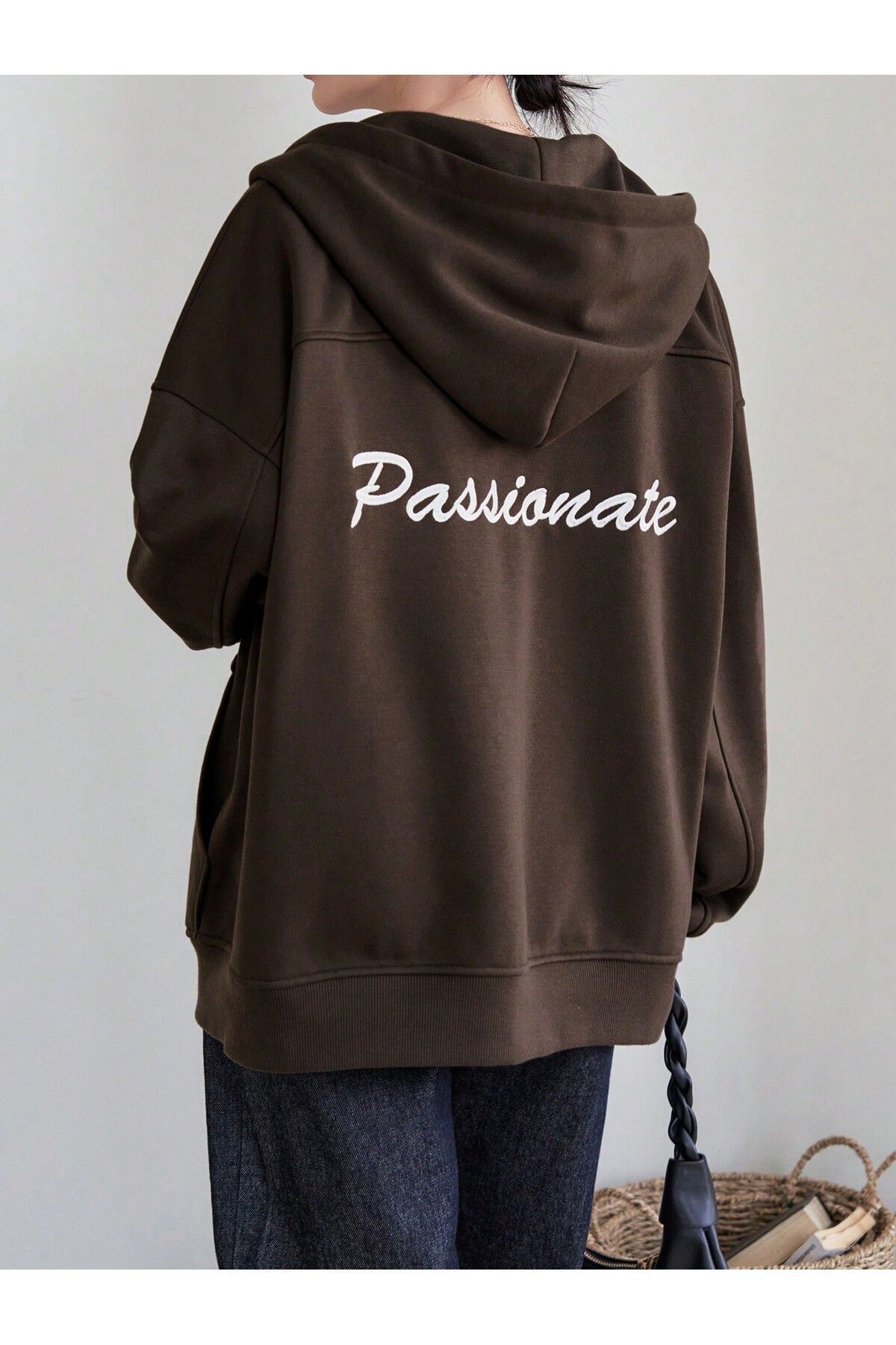 FoxSkin Sportswear&Company Passionate Fermuarlı Kışlık Hırka - Kahverengi Baskılı Oversize Şardonlu Kapüşonlu