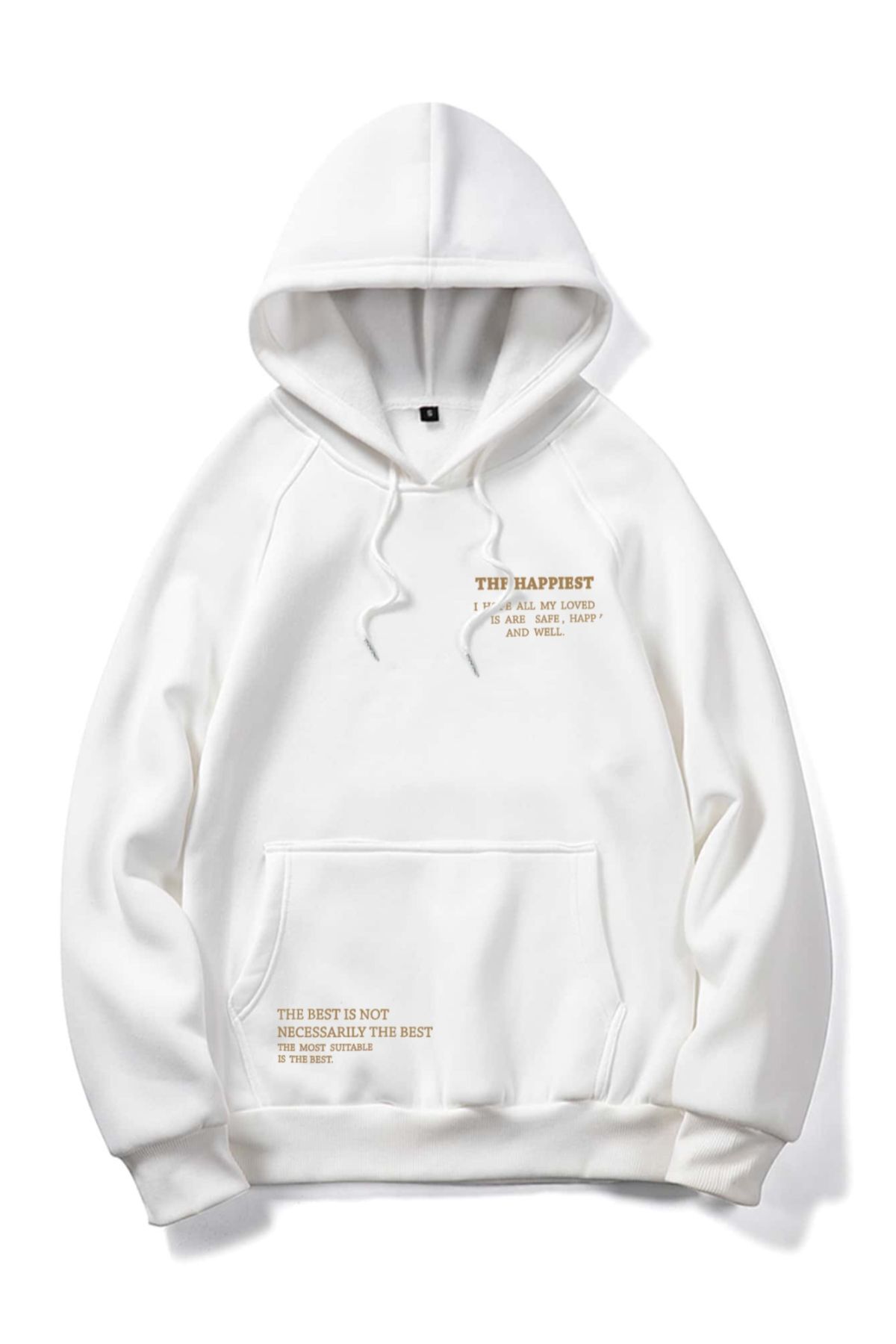 FoxSkin Sportswear&Company The Happiest Kalın Kışlık Sweatshirt - Beyaz Baskılı Oversize Şardonlu Cepli Kapüşonlu