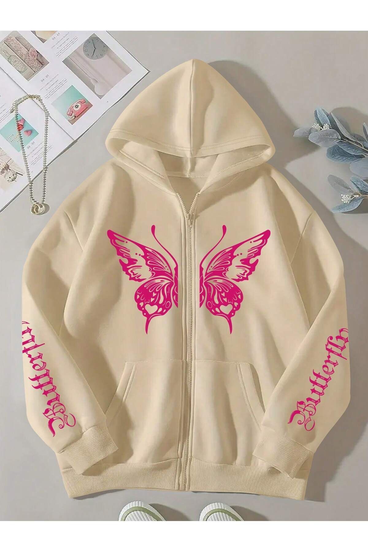 FoxSkin Sportswear&Company Butterfly Detaylı Fermuarlı Kışlık Hırka - Bej Baskılı Oversize Şardonlu Kapüşonlu