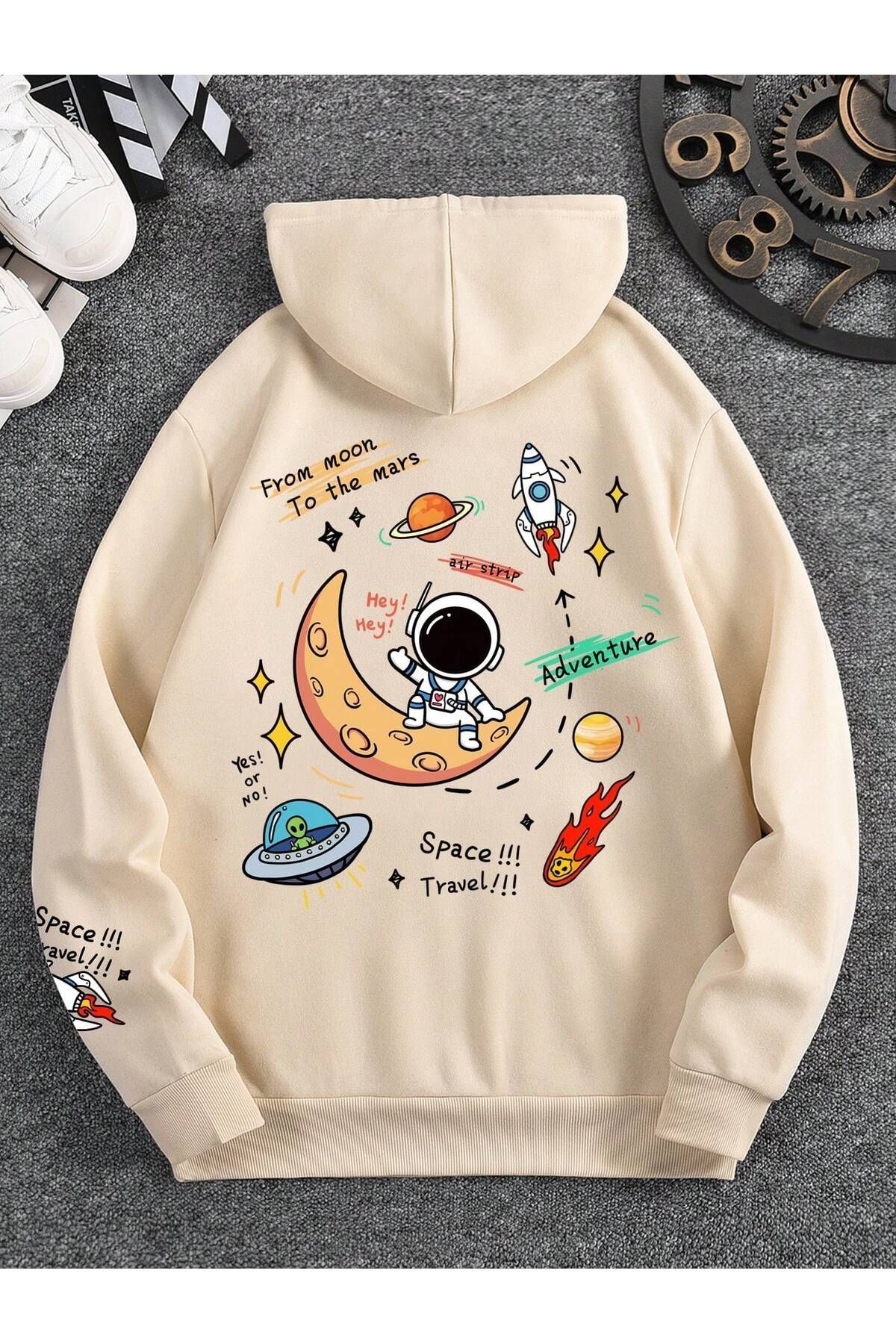FoxSkin Sportswear&Company Space Travel Kalın Kışlık Sweatshirt - Bej Baskılı Oversize Şardonlu Cepli Kapüşonlu