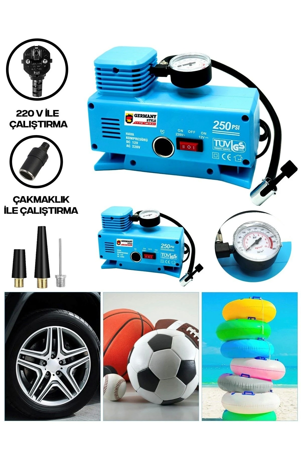 Epilons 220 Volt-12 Volt 250 Psi Geniş Uygulama Yelpazesi Kompresör Lastik Hava Şişirme Oto Pompası