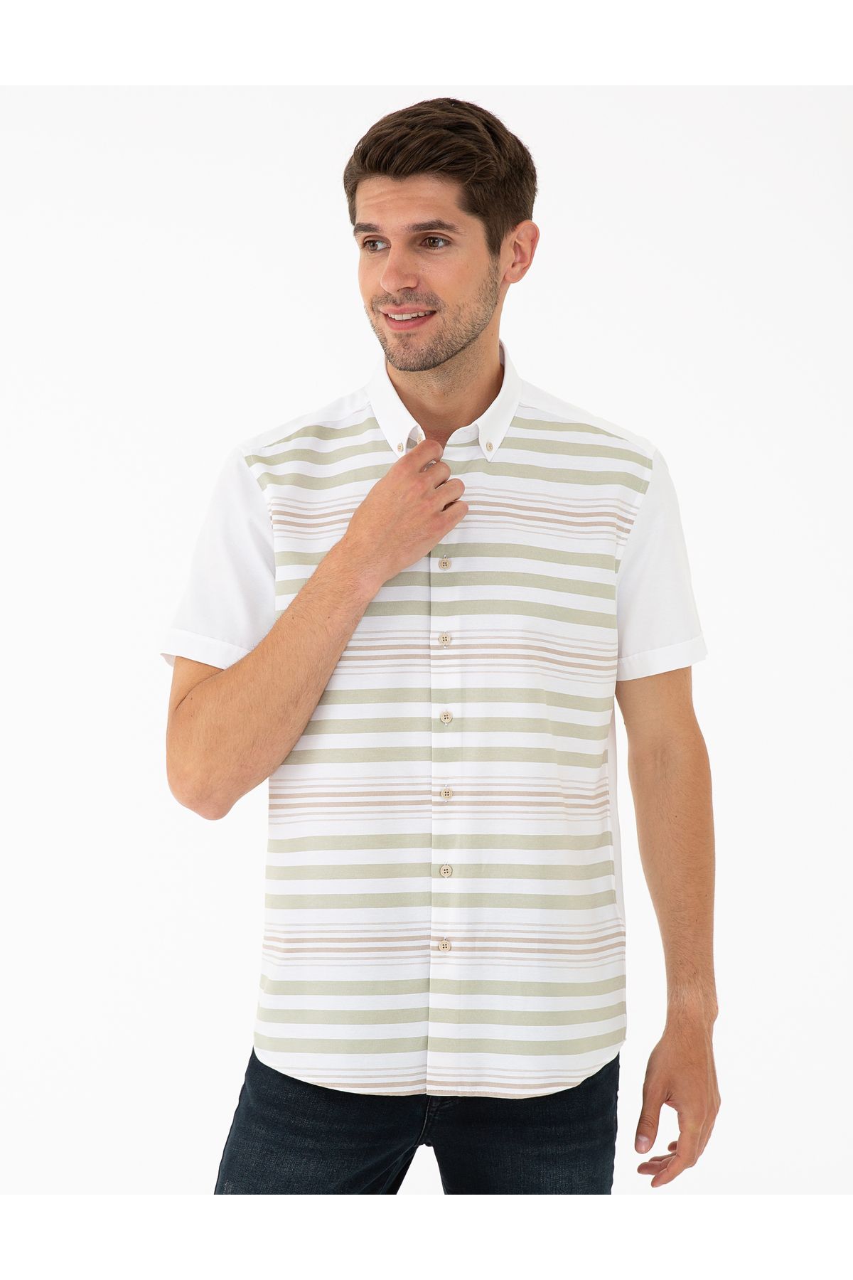 پیراهن آستین کوتاه سبز منظم 50240403-vr054 Pierre Cardin
