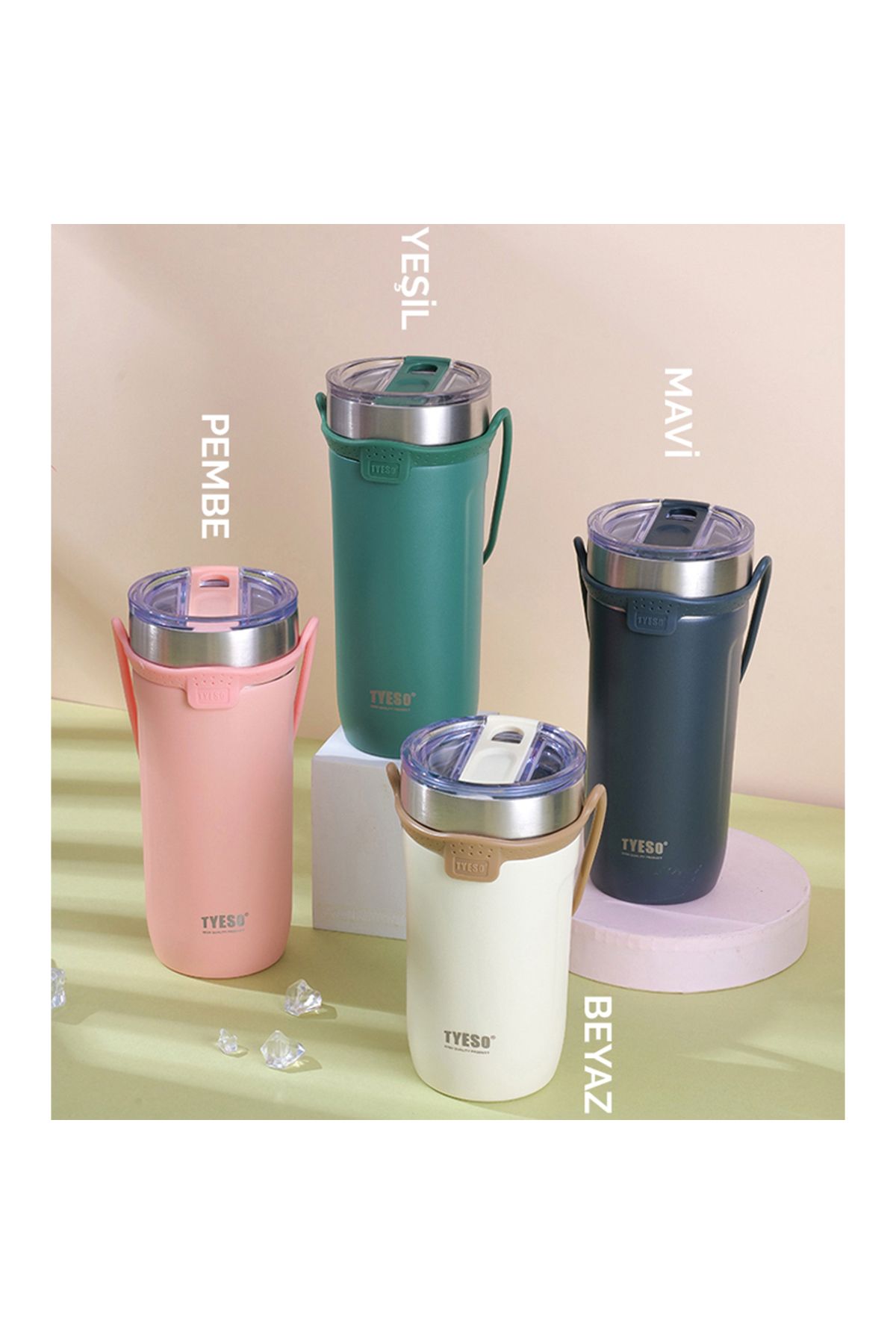Tyeso-Soulmate Tumbler Vakumlu Paslanmaz Çelik Silikon Askı 550 ml Pembe 8