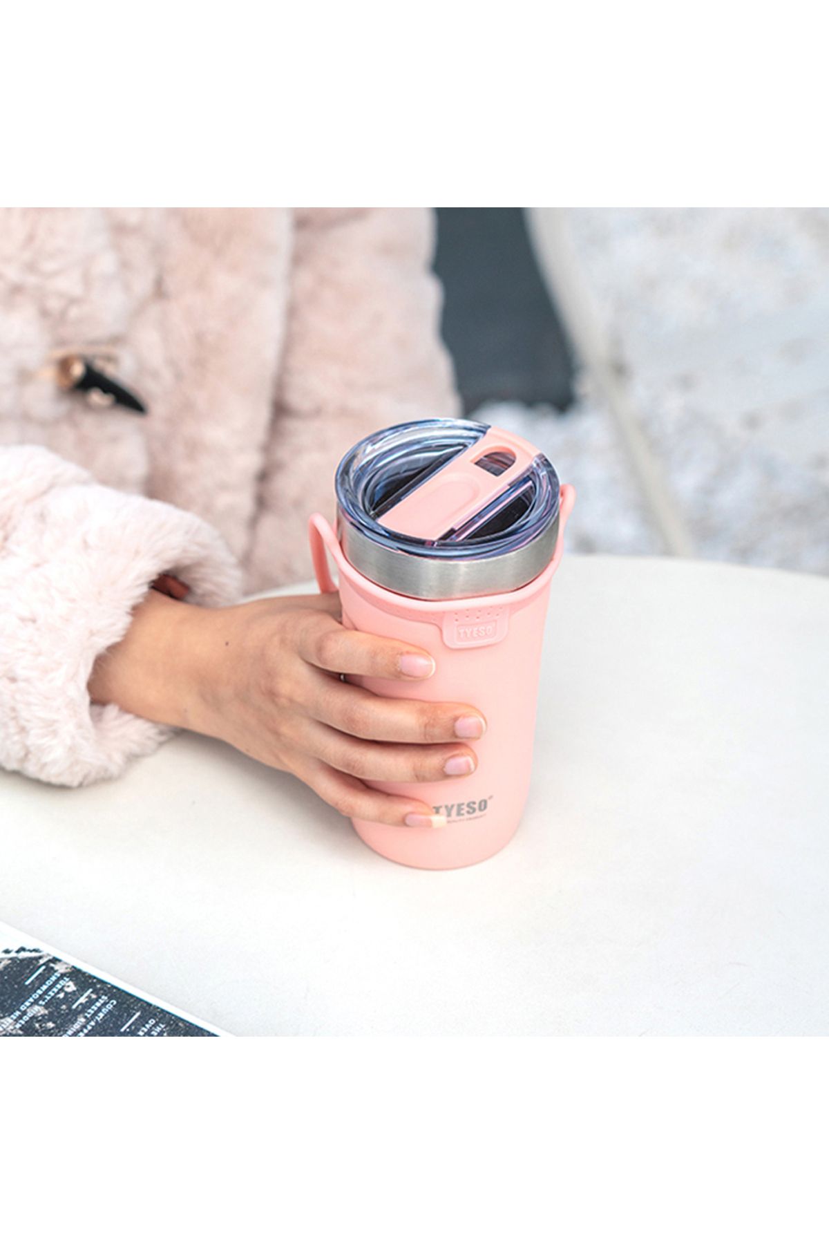 Tyeso-Soulmate Tumbler Vakumlu Paslanmaz Çelik Silikon Askı 550 ml Pembe 5