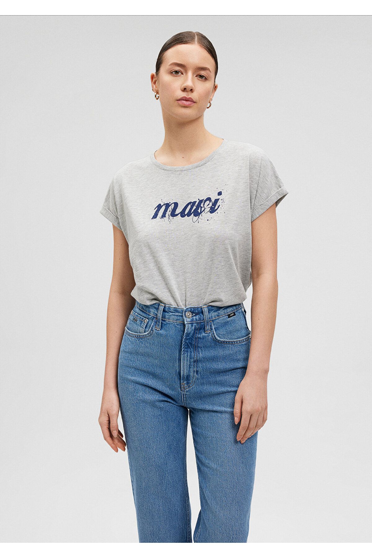 Mavi Logo Baskılı Gri Tişört Loose Fit / Bol Rahat Kesim 166422-25702