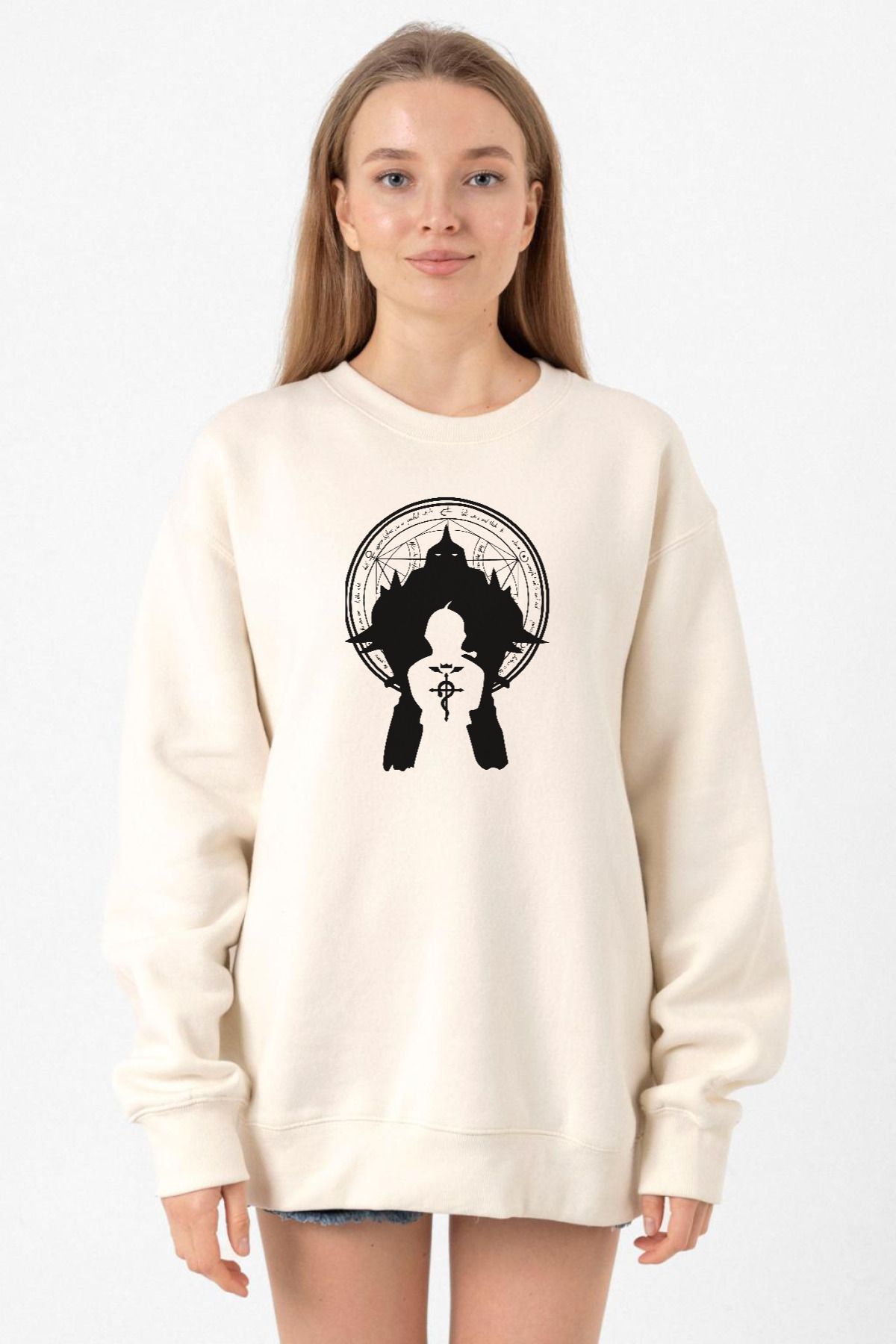 Tshirthane-Ecru Colored Fullmetal Alchemist Anime Logo Women's Sweatshirt - 2Ip Model 1