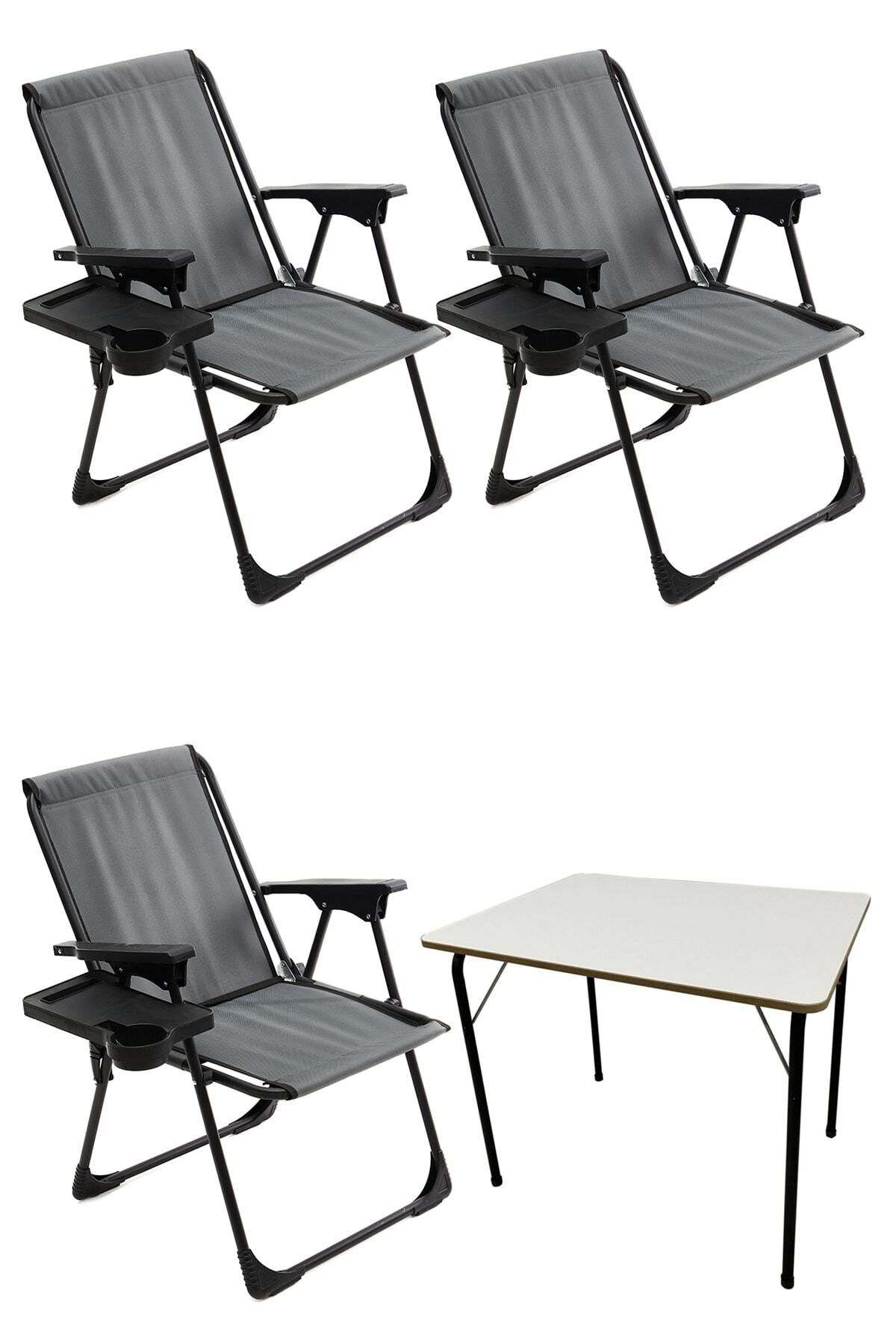 teknotrust Gri Katlanabilir Kamp Sandalyesi ve Mdf Masa Seti, 3'lü Paket