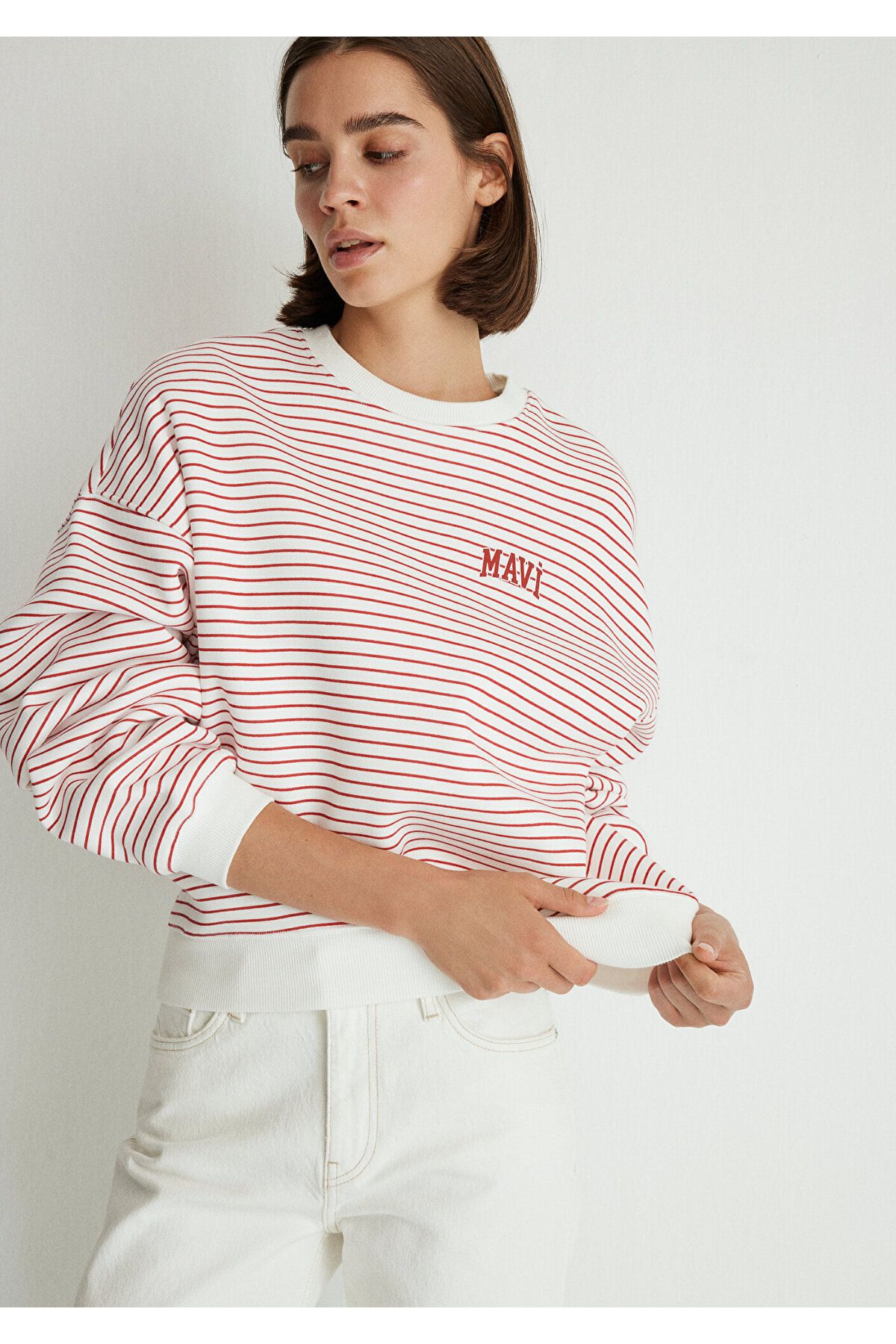 Mavi-Logo Printed Red Striped Sweatshirt 1s10100-86680 5