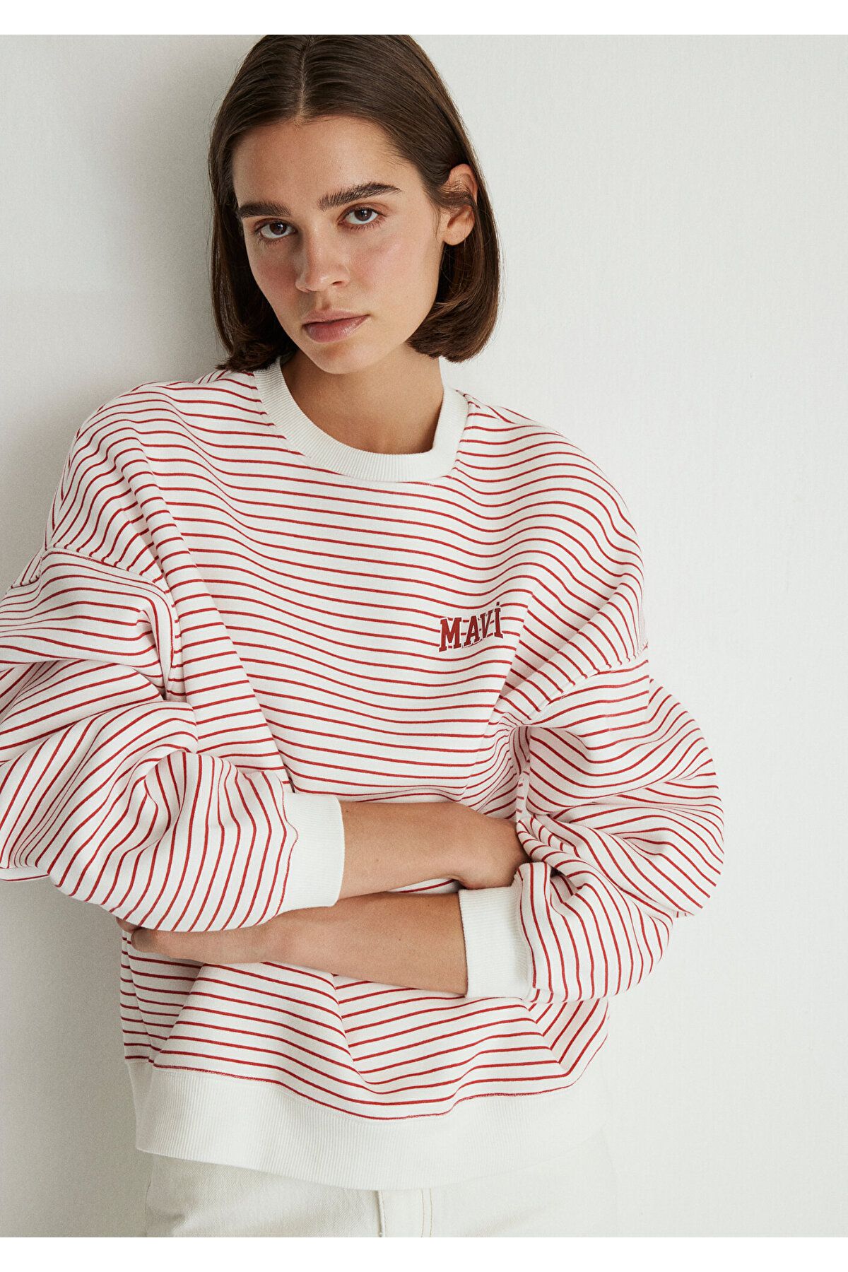 Mavi-Logo Printed Red Striped Sweatshirt 1s10100-86680 6