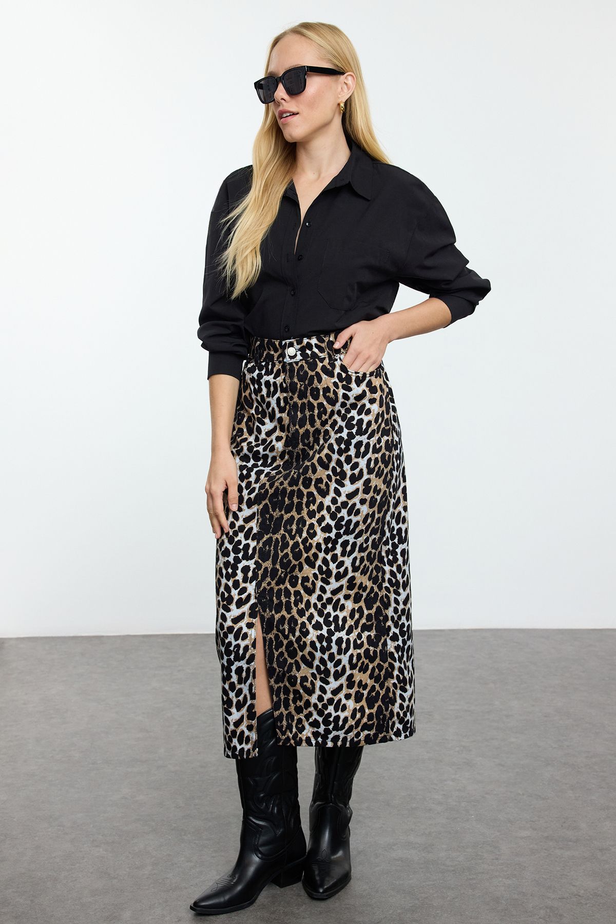 Trendyol Collection Kolorowa Długa Spódnica W Panterkę - Rozcięcie Z Przodu, Tkana Twoaw25et00136 Kobieta - 34