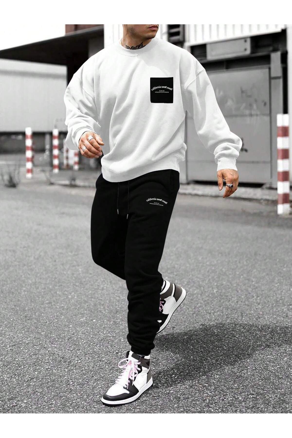 California Cep Sweatshirt  Jogger - Beyaz Siyah Baskılı Alt Üst Eşofman Takımı Bisiklet Yaka — سفید scCLFCPKSLKTKM-SC