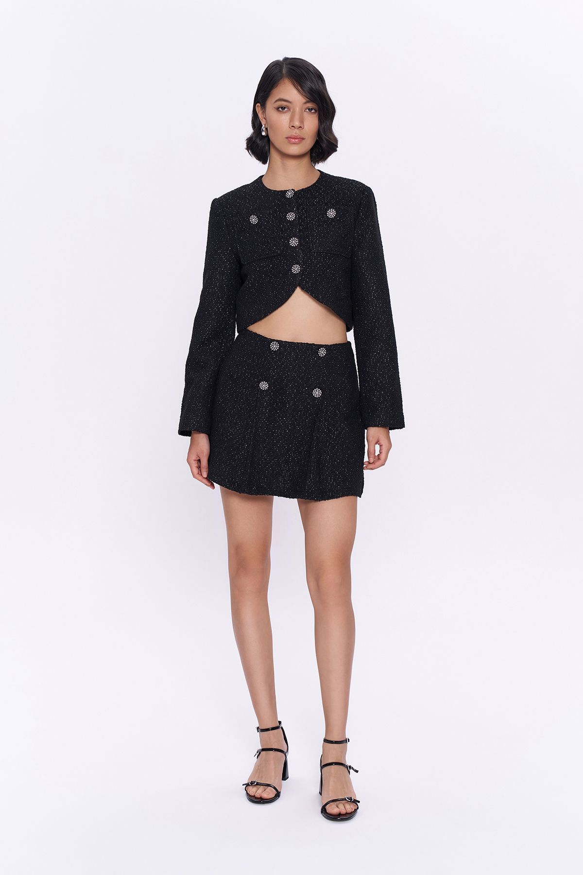 Quzu Black Tweed Mini Shorts Skirt - with Stone Accessories Quzu Black Tweed Mini Shorts Skirt - with Stone Accessories