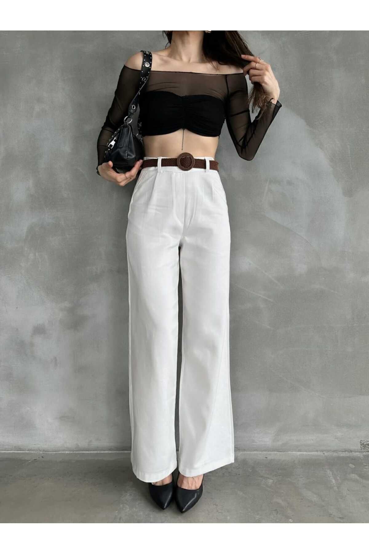 DF1103 Kadın Yazlık Trend Beli Kemerli Keten Pantolon
