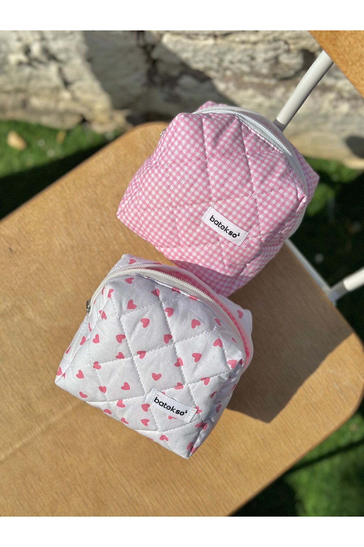 2li Mini Pembe Kalp Ve Pembe Kare Desenli Makyaj Çantası - Küçük Boy
