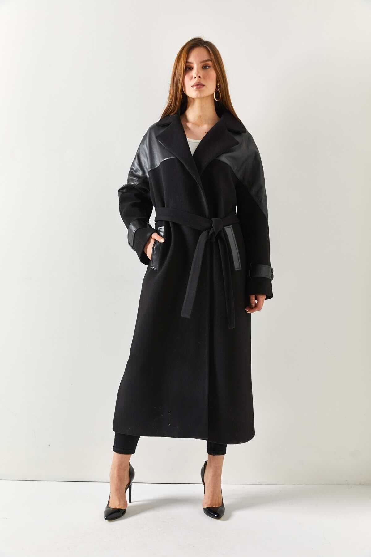 DOGGİ  Bayan Kışlık Kaşmir Palto, Uzun Siyah Yün Kaban, Bayan Kışlık Deri Palto, Kadın Kışlık Kaşmir Mont - Görsel 6