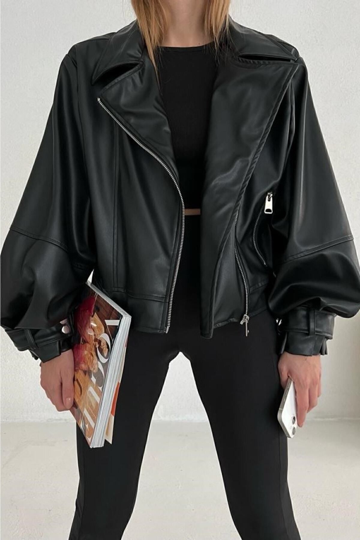 veste en cuir noir à manches ballon pour femmes