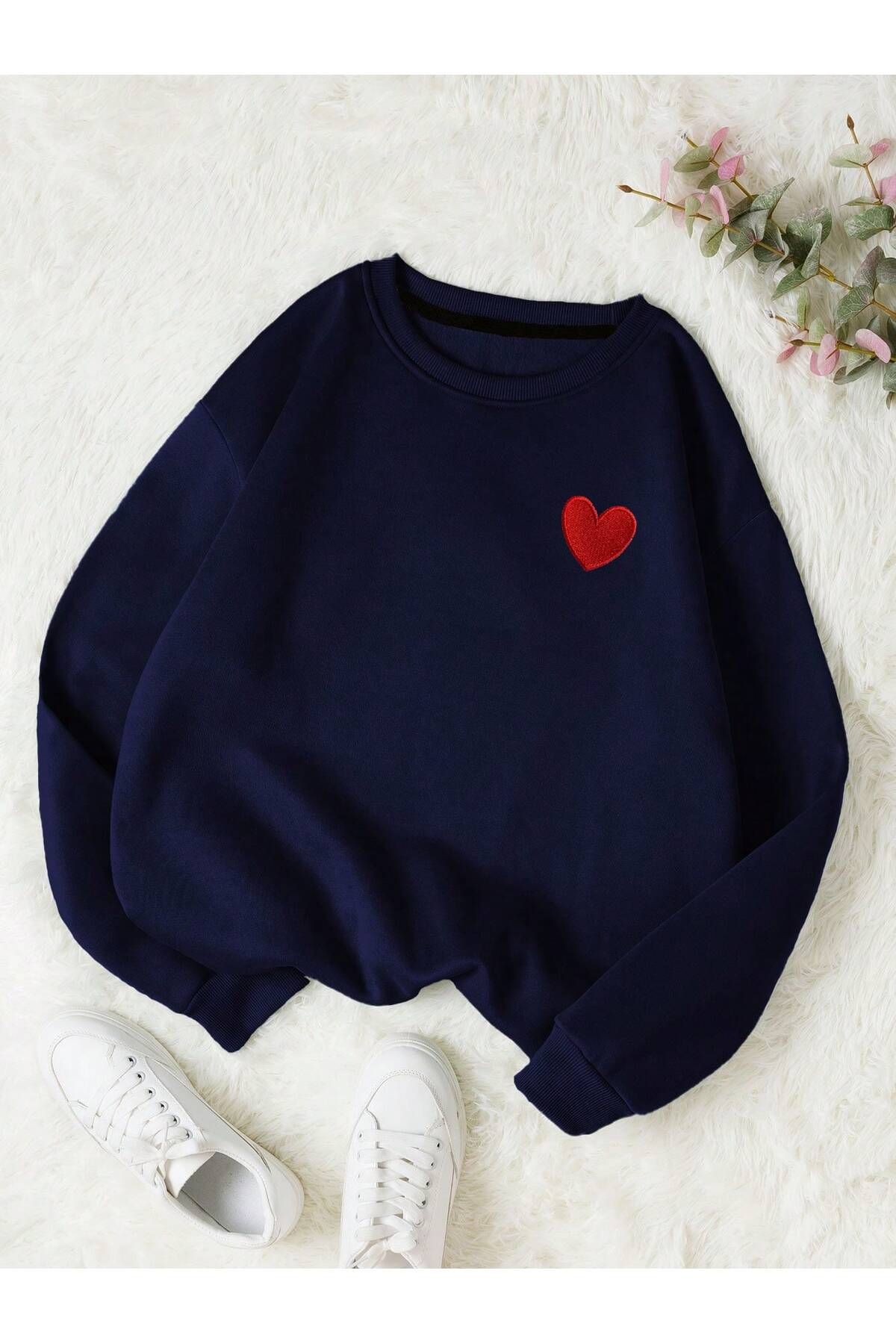 Cool Art Mini Kalp  Logo Kışlık Sweatshirt - Lacivert  Baskılı Oversize Şardonlu Bisiklet Yaka