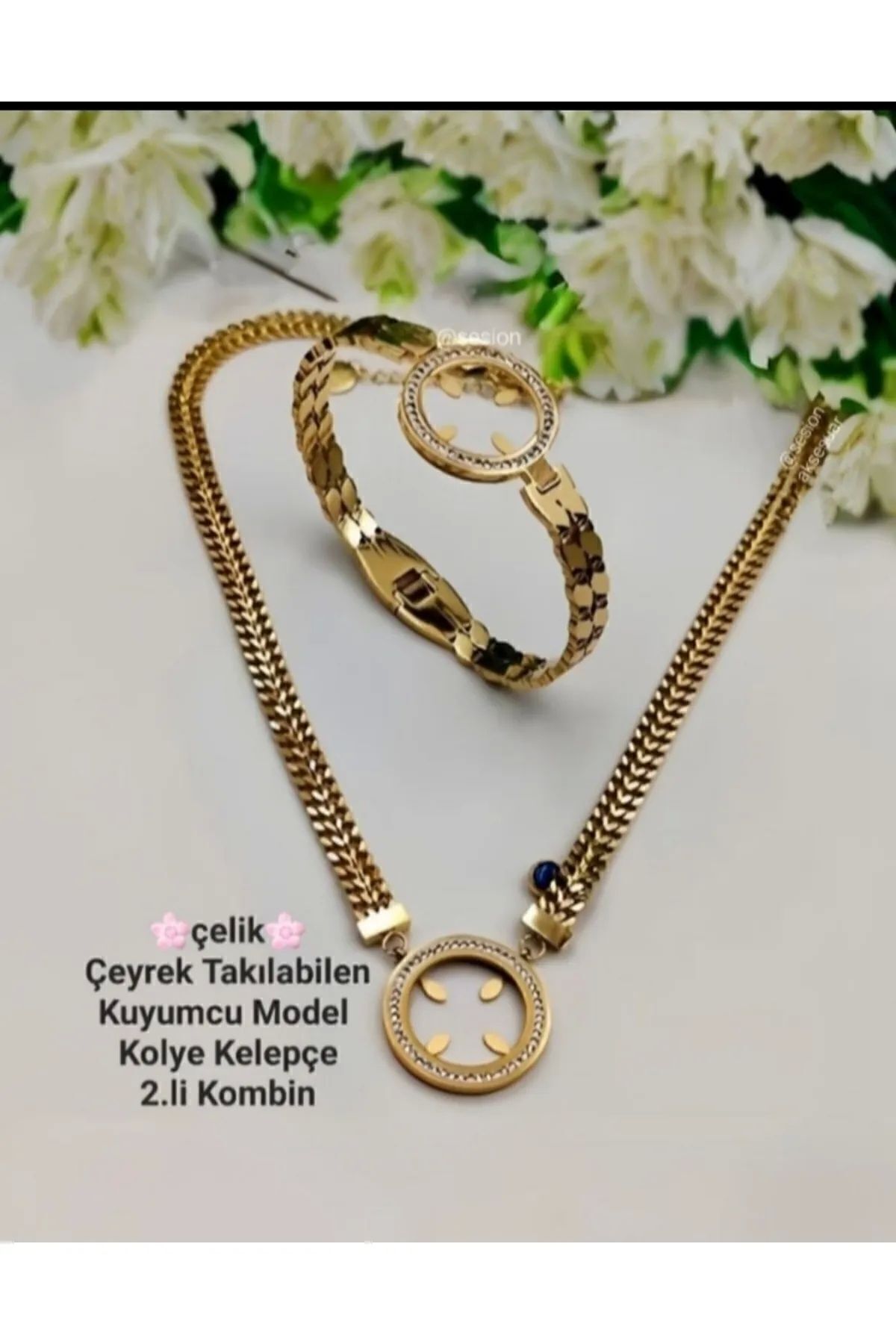 zeynep 316L Gold Çelik Çeyrek Takılan Çerçeveli Kolye Ve Kelepçe Bileklik Seti