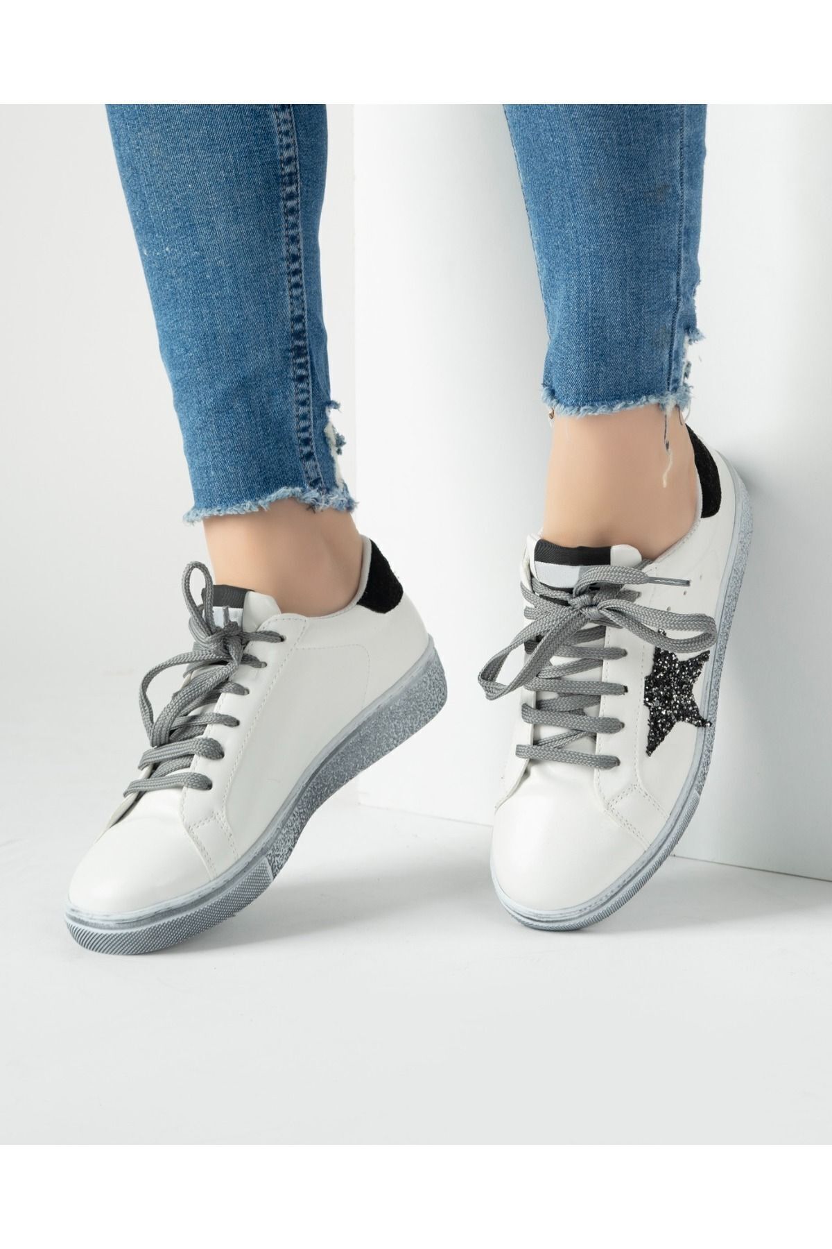 waisi shoes-أحذية ستار وايت جليتر، أحذية رياضية بيضاء مطرزة للنساء، أحذية ستار سوداء لامعة 3