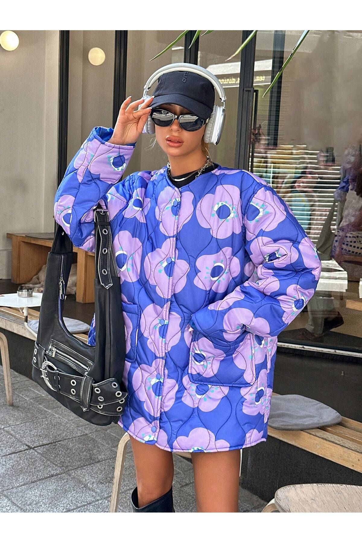 SERBA  BASKILI GENİŞ KALIP KAPİTONE MONT - Görsel 3