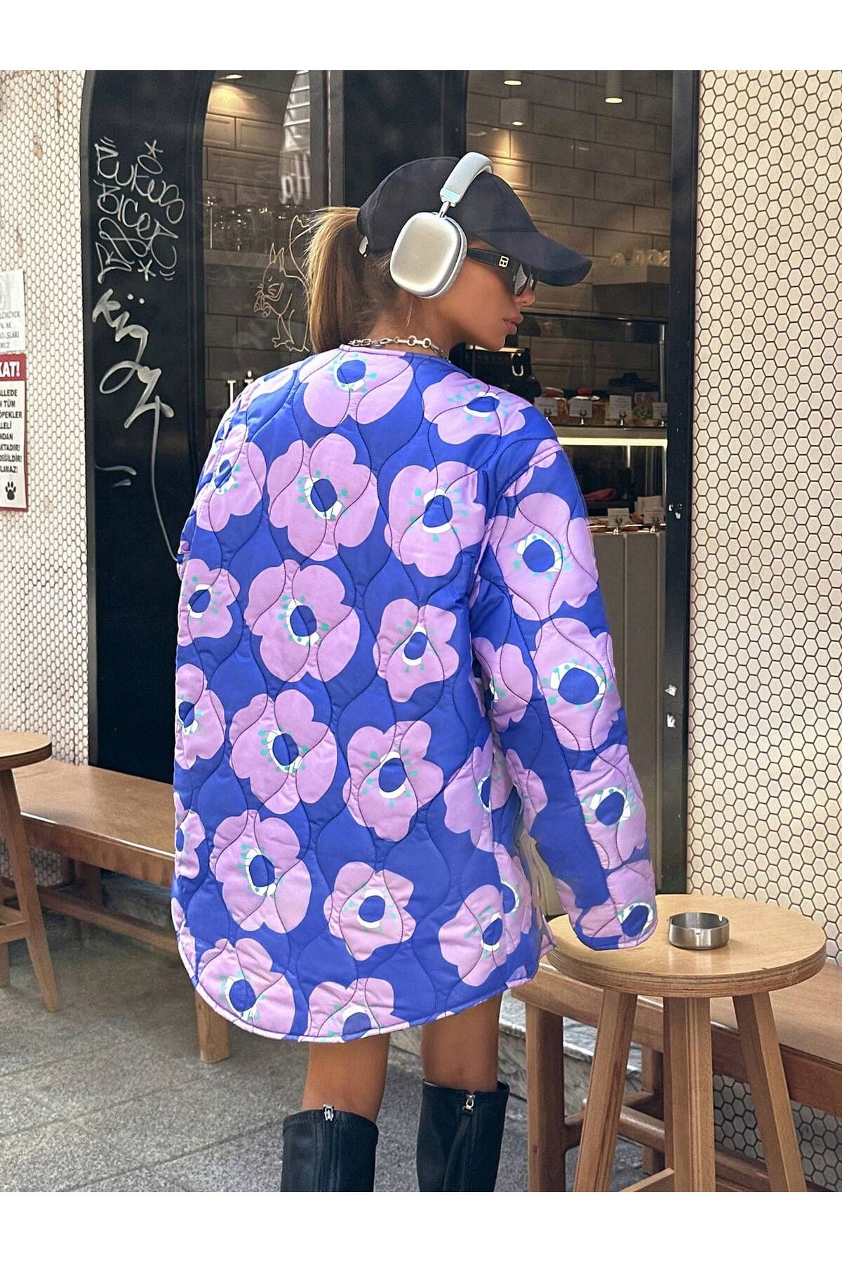 SERBA  BASKILI GENİŞ KALIP KAPİTONE MONT - Görsel 2