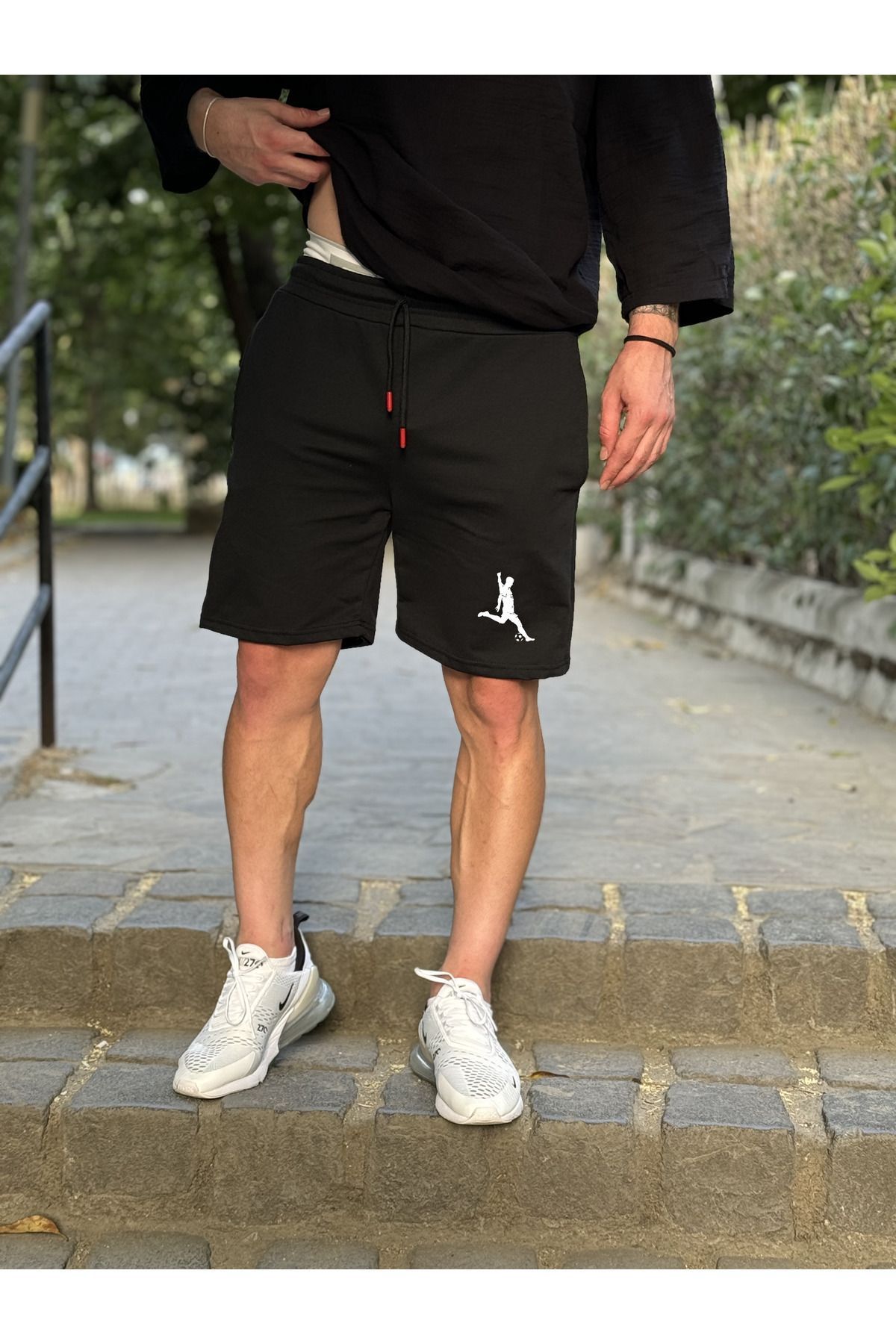 Erkek Siyah Penye Kumaş Futbolcu Baskılı Şort Slımfit Kalıp