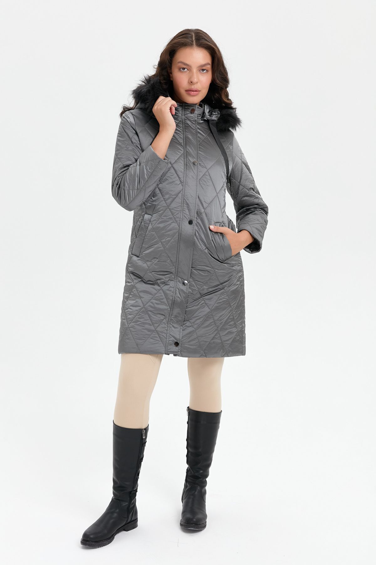 Desen Triko Palton Matlasat Gri - Glugă Cu Model Diamant Din Shearling Femeie - S