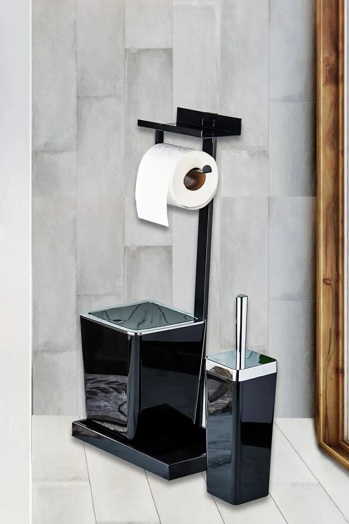 Kare Metal Standlı Yedekli Wc Kağıtlık Siyah Krom Kare Çöp Kovası Seti