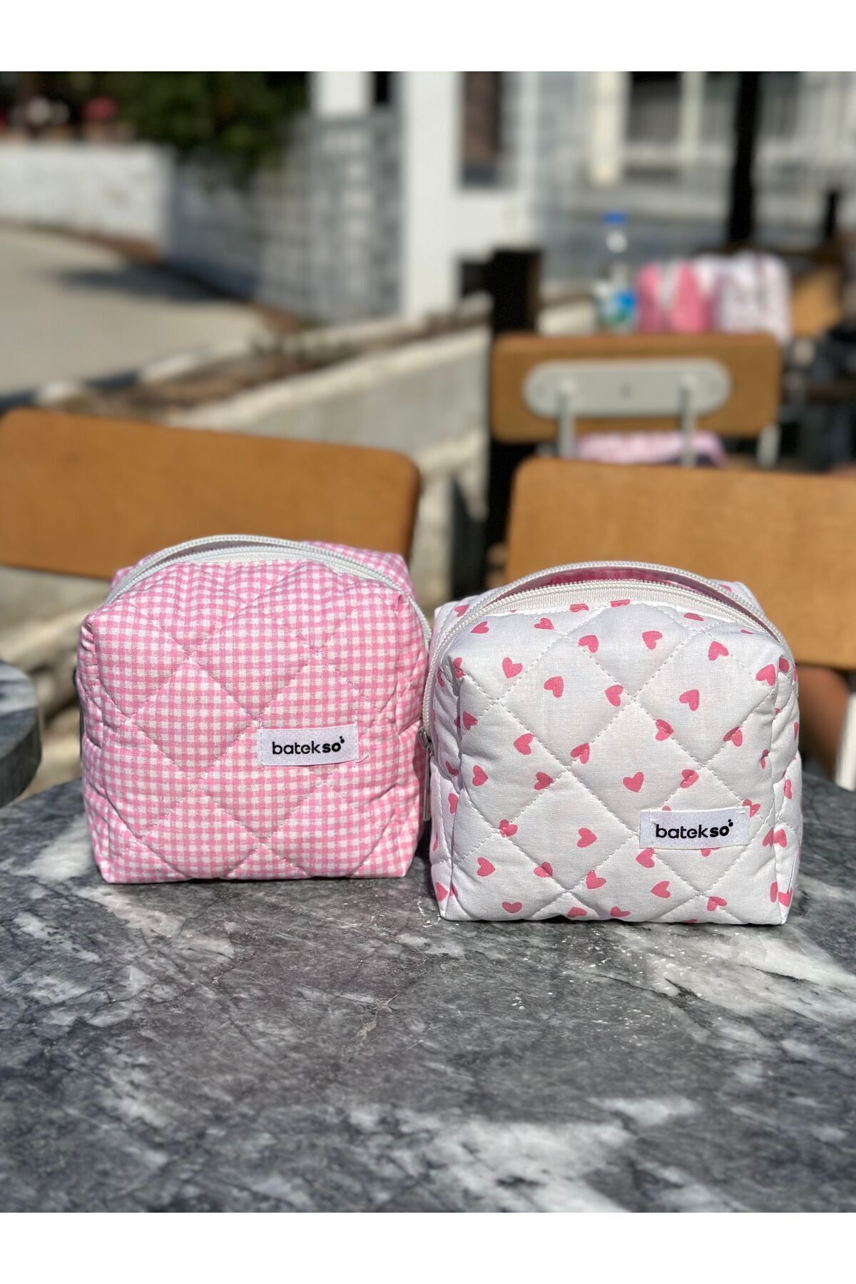 2li Mini Pembe Kalp Ve Pembe Kare Desenli Makyaj Çantası - Küçük Boy