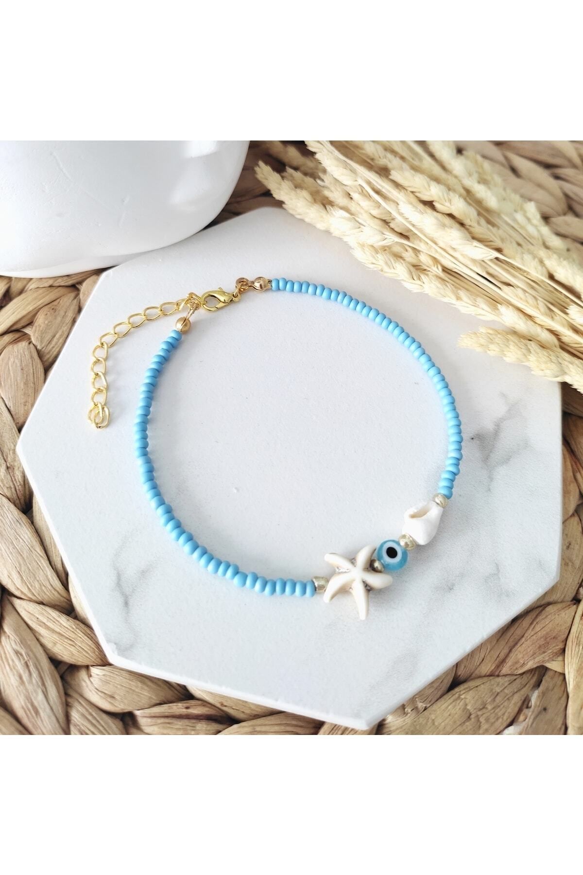 HALHALMILL Kadın Mavi Boncuklu Deniz Kabuklu Halhal