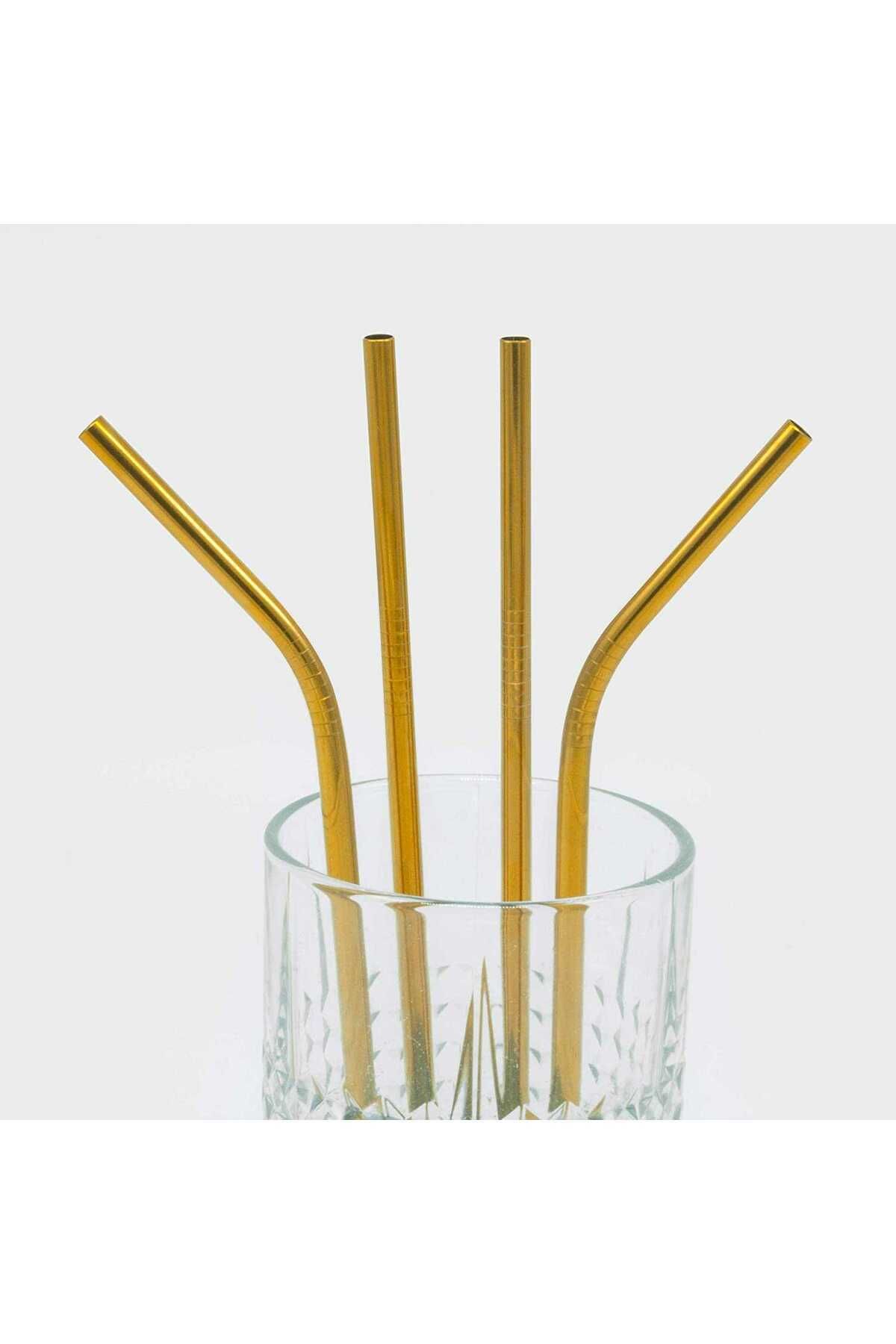 Genel Markalar Paslanmaz Gold Çelik Pipet 4lü Set Ve Temizleme Fırçası Altın Pipetler Sunum Dekor