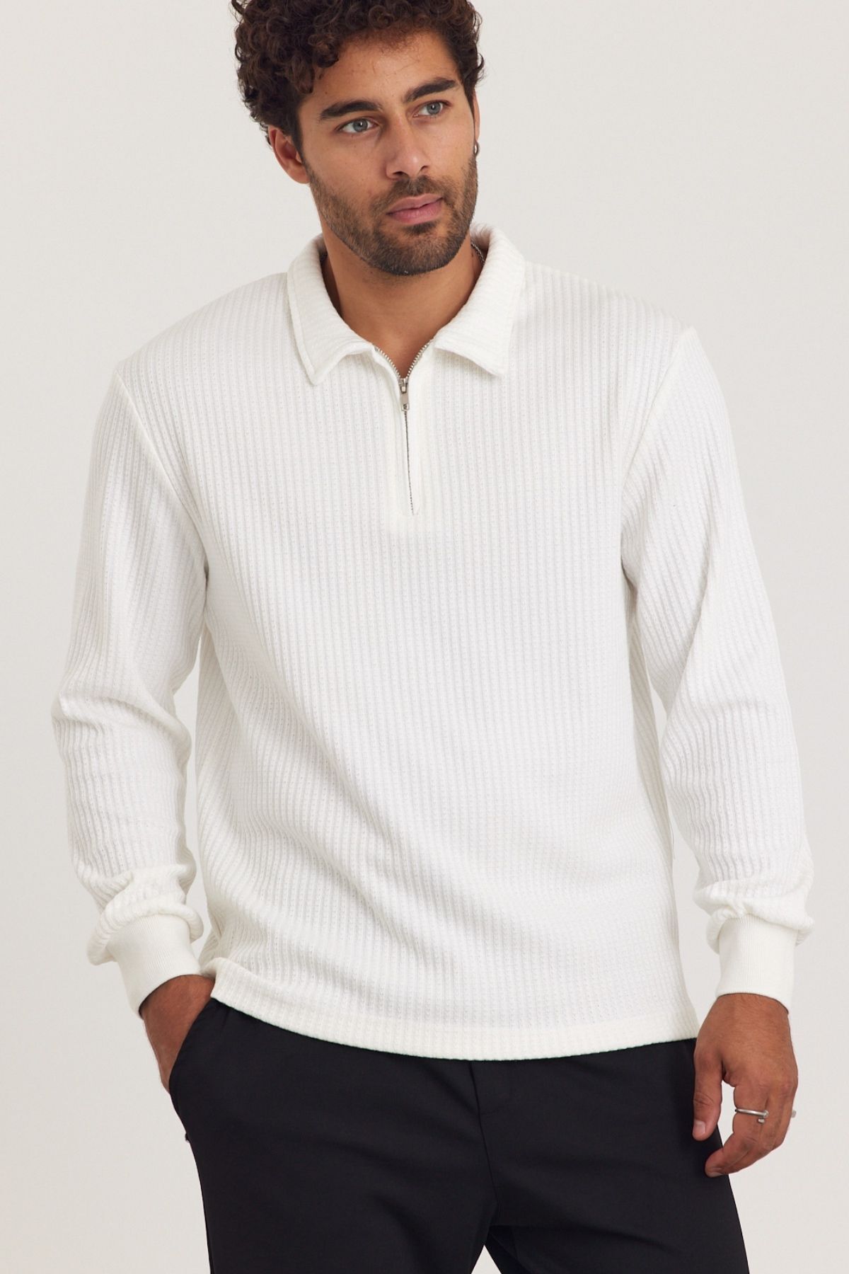 New Season Men's Half Zipper Collar White Sweatshirt Mz32024
