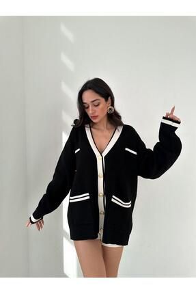 charm butik Gold Düğmeli Şerit Detaylı Oversize Triko Hırka