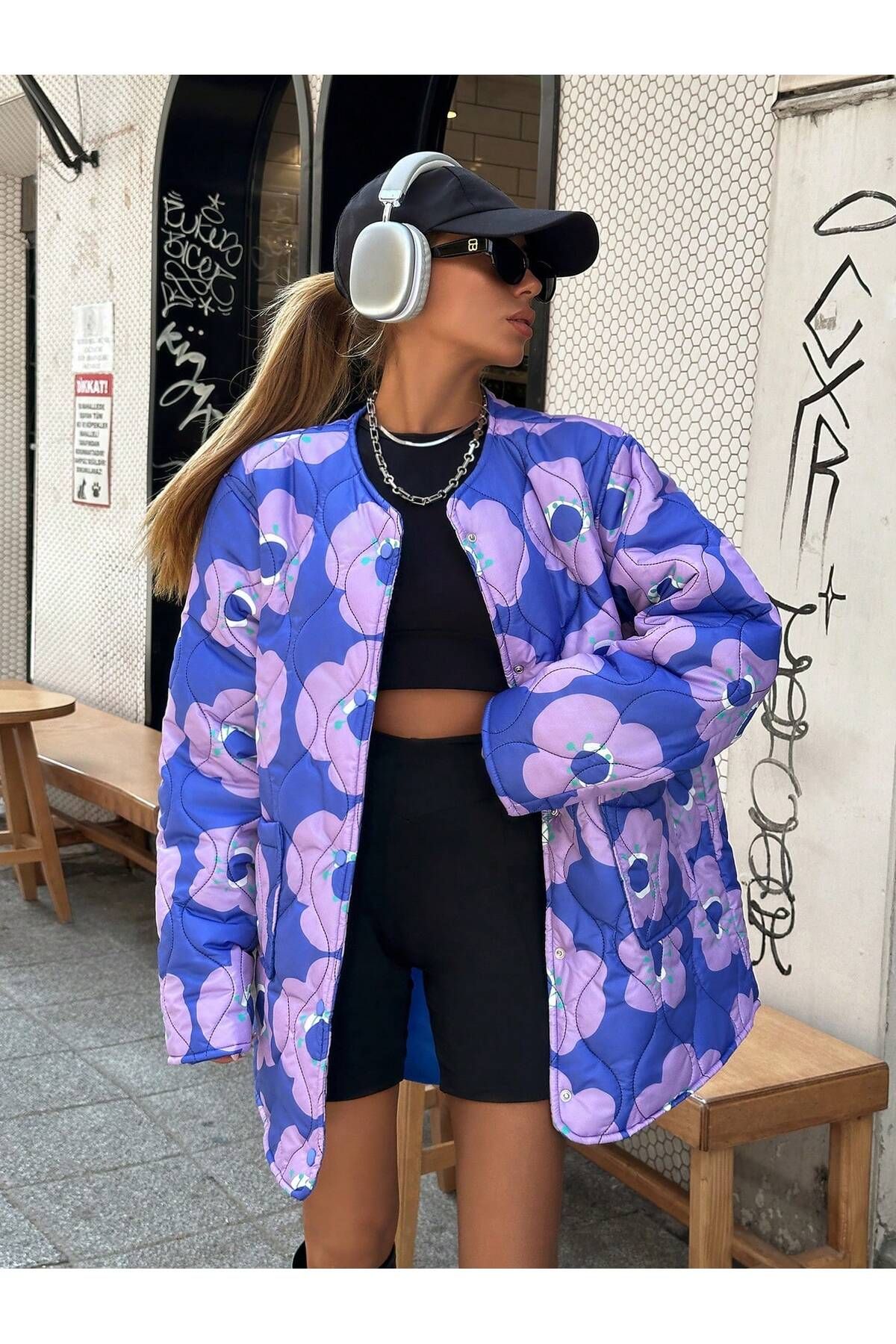 SERBA  BASKILI GENİŞ KALIP KAPİTONE MONT - Görsel 5