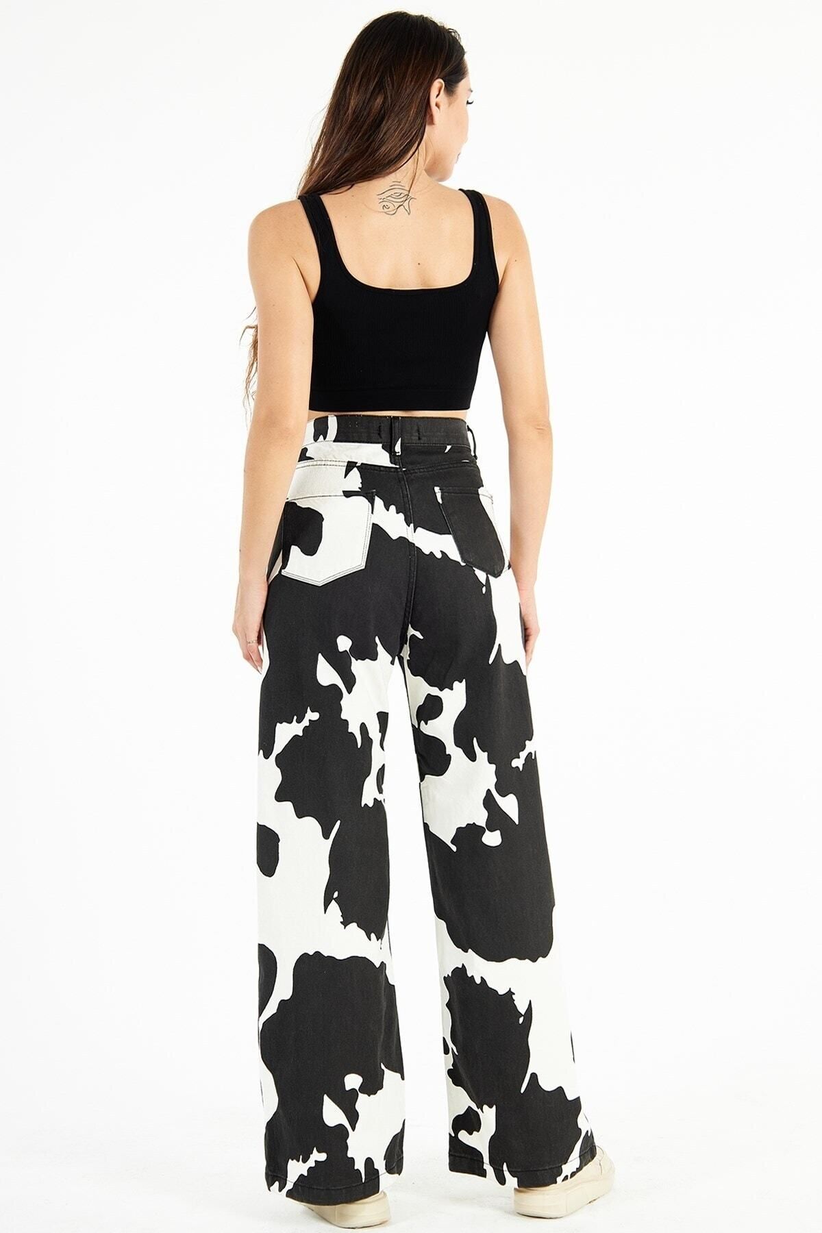 PodiumStar  Kadın Yüksek Bel Milka Inek Desenli Bol Kesim Bol Paça Palazzo Wide Leg Kot Pantolon - Görsel 9