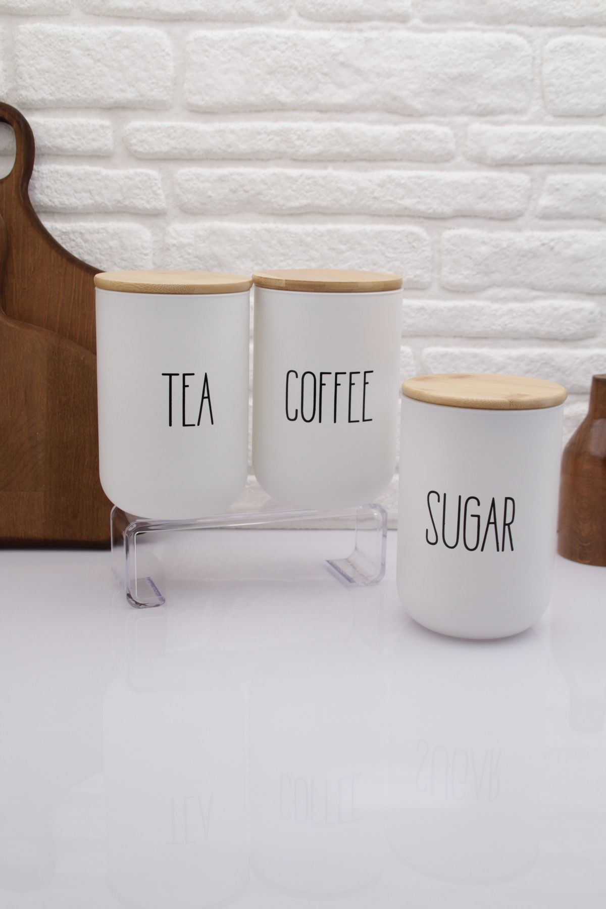 zezedesing Bambu Kapaklı Cam Beyaz TEA & COFFEE & SUGAR Kavanoz