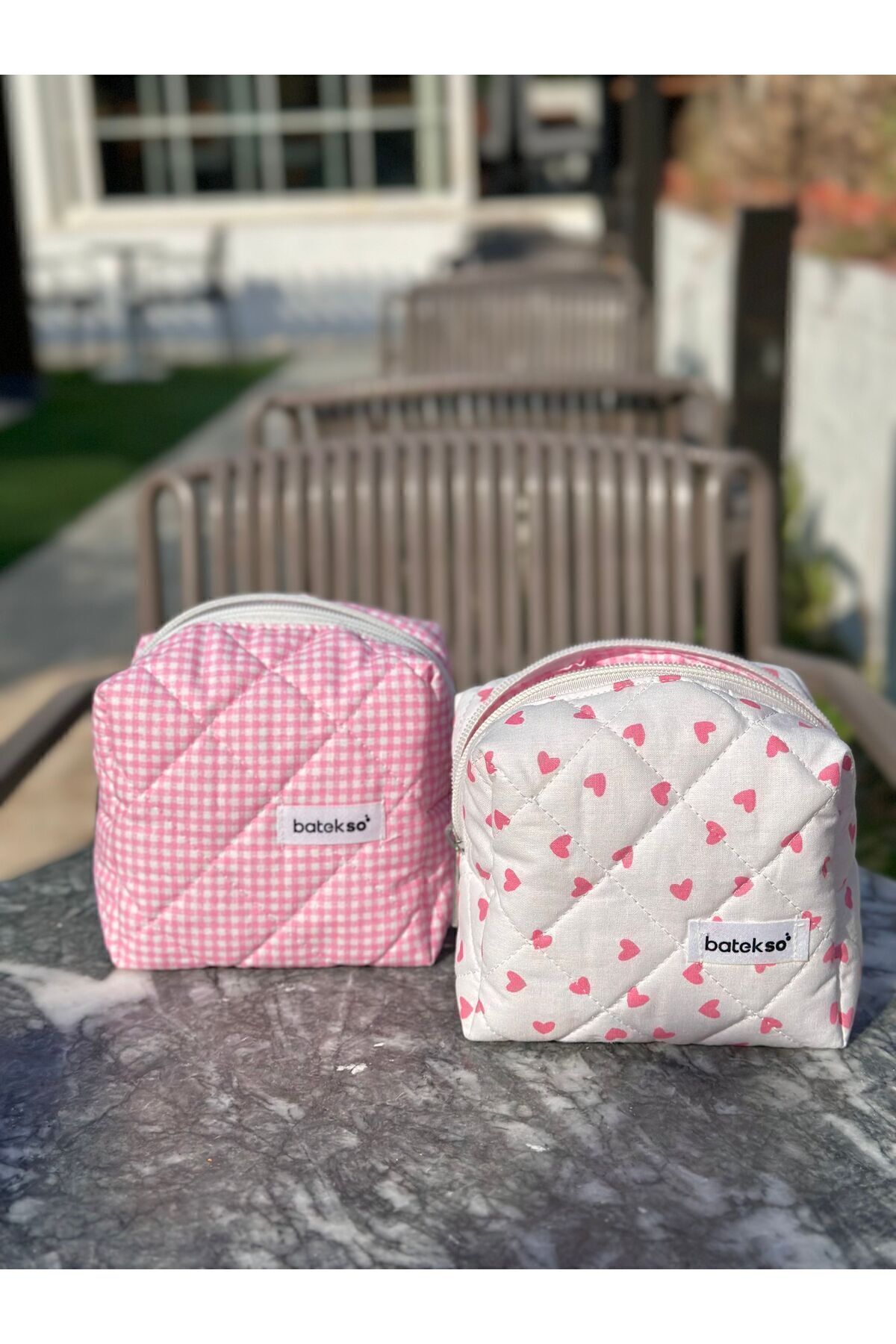 2li Mini Pembe Kalp Ve Pembe Kare Desenli Makyaj Çantası - Küçük Boy