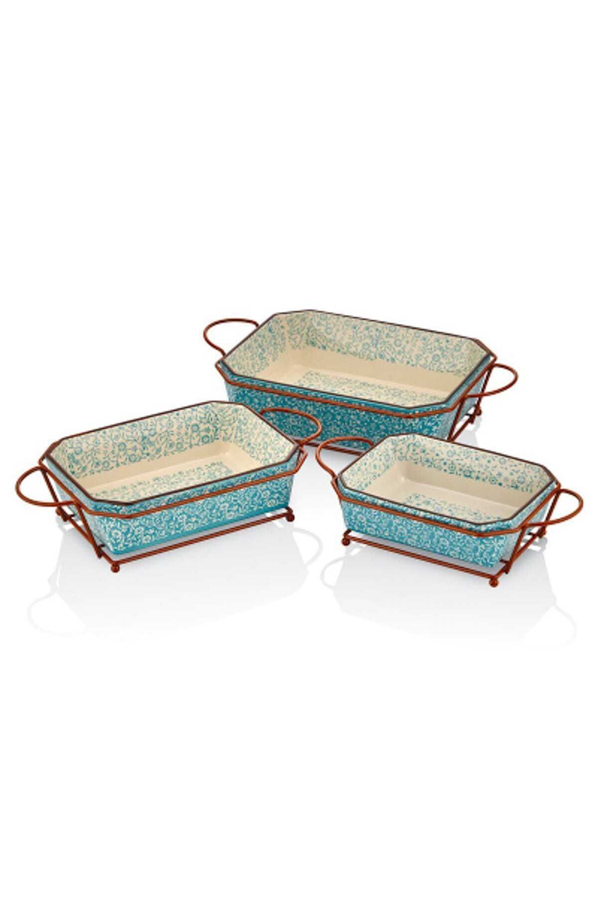 Cemile-Turquoise Rectangular 3-Piece Oven Dish with Stand 21-24-28 cm 1