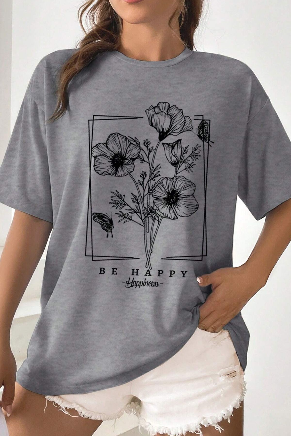 uyguntarz-Übergroßes Unisex-T-Shirt mit „Be Happy“-Aufdruck 2