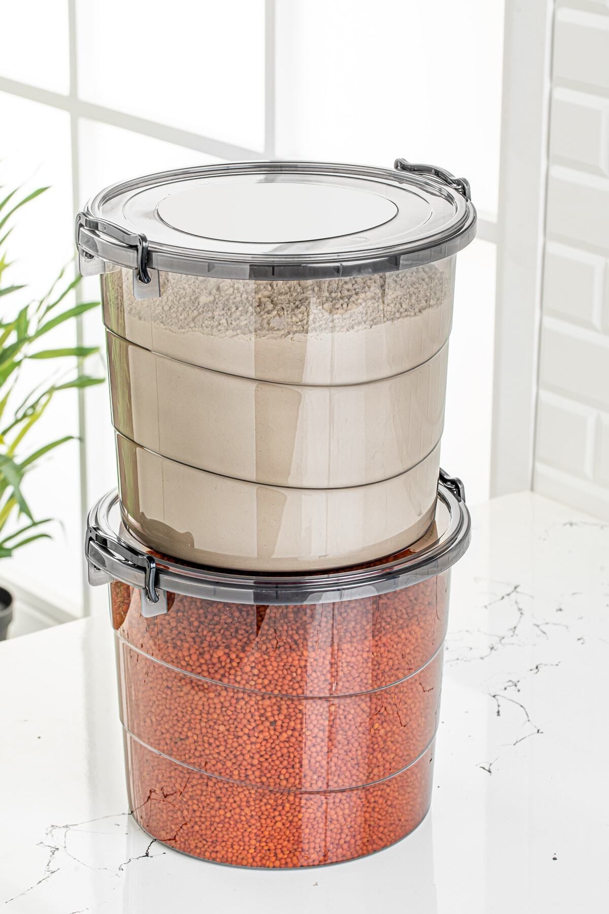 Vienev-Mega Size 2 Piece Round Flour and Legumes Container 7 Liters - Detergent Storage Box Container with Handle Anthracite 2