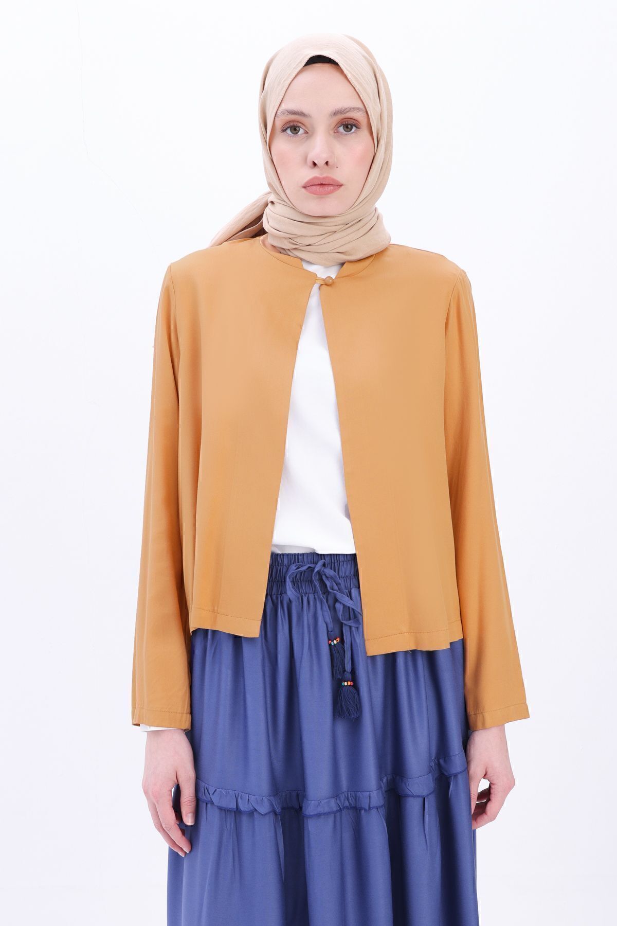 ALLDAY-Magnificent Collar Camel Single Button Short Jacket 5