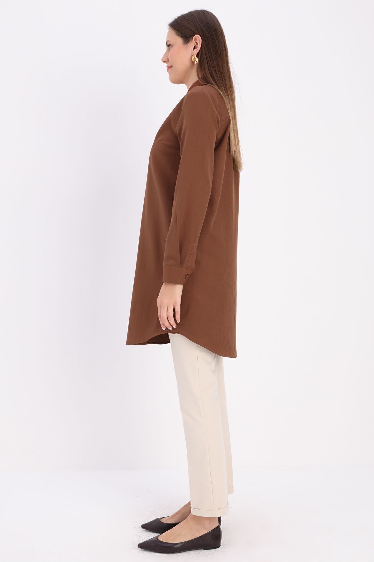 ALLDAY-Καφέ Basic Hidden Placket πουκάμισο Tunic 3